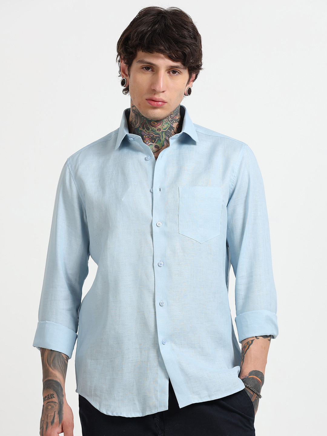 MARTIN SMITH Men Comfort Fit Solid Spread Collar Linen Casual Shirt