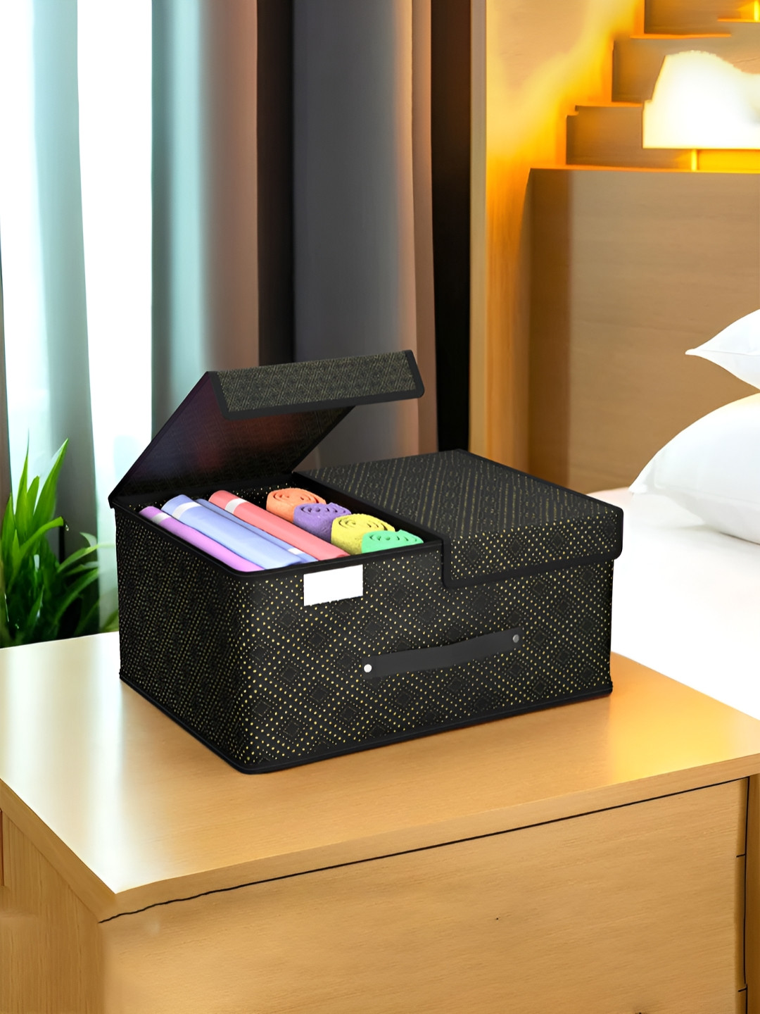 Aura Black Golden Dot Cloth Organisers Wardrobe Foldable Storage Box with Double Lid