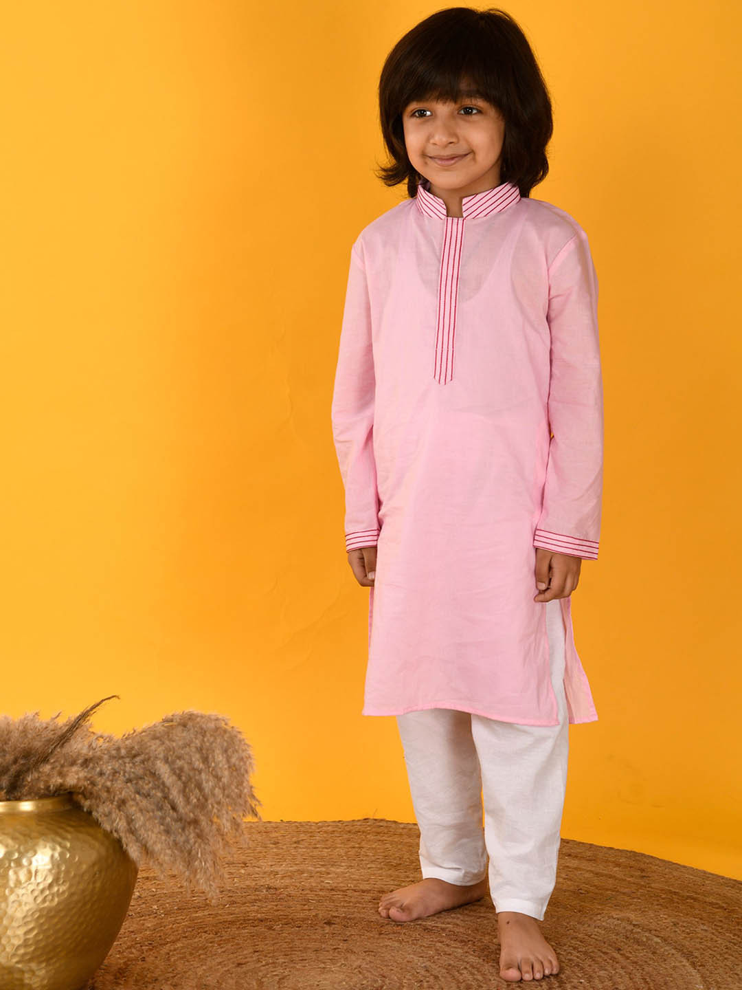 Kalp Boys Regular Thread Work Pure Cotton Straight Kurta with Pyjama