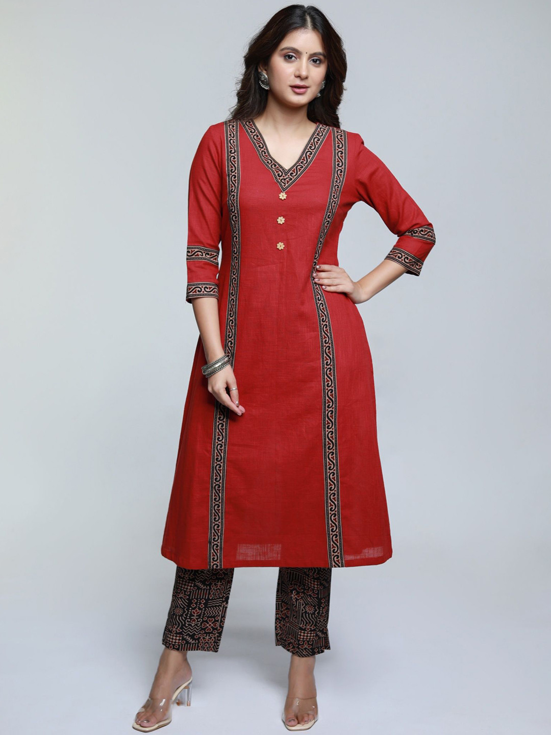 SUJATRA Maroon Ethnic Motifs Printed V-Neck Cotton Straight Flared Kurta
