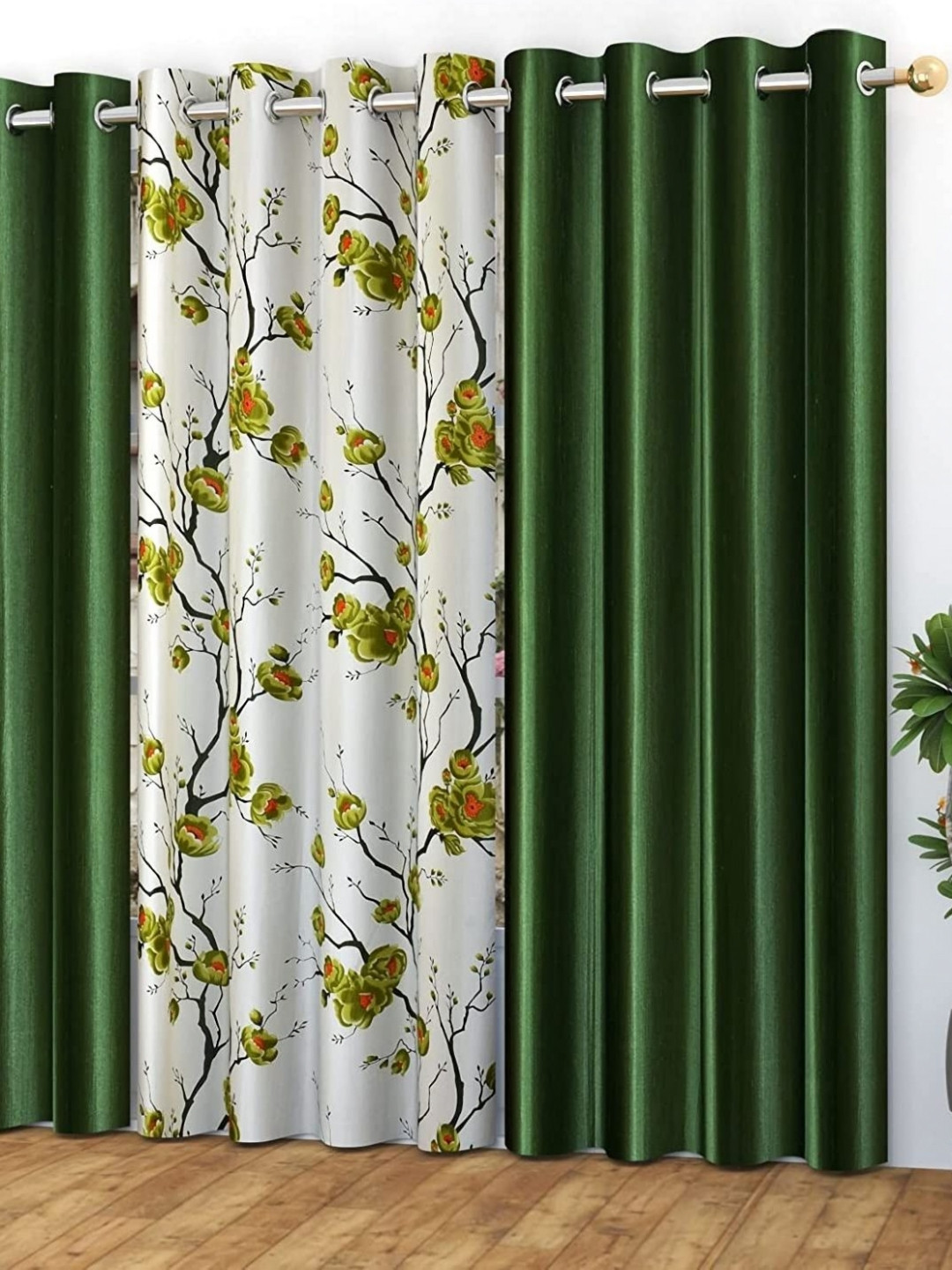 Galaxy Home Decor Green 3 Pieces Floral Printed Door Curtain 7 Feet