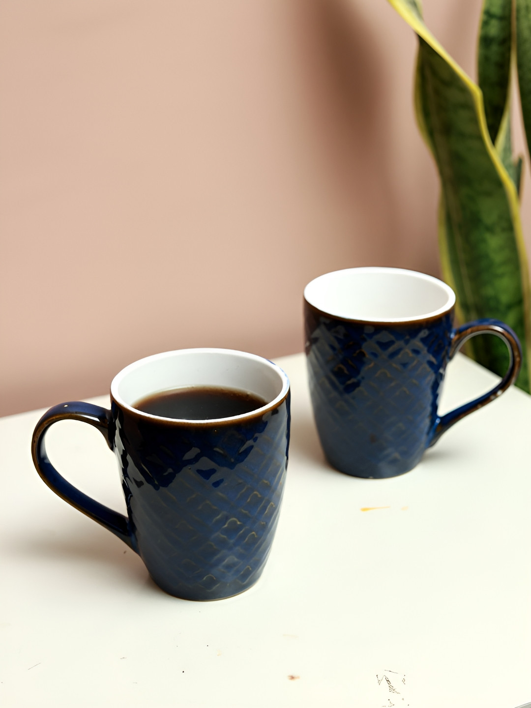 Unravel India Real Gold Line Blue Textured Ceramic Handmade 2 Piece Mugs-220ml