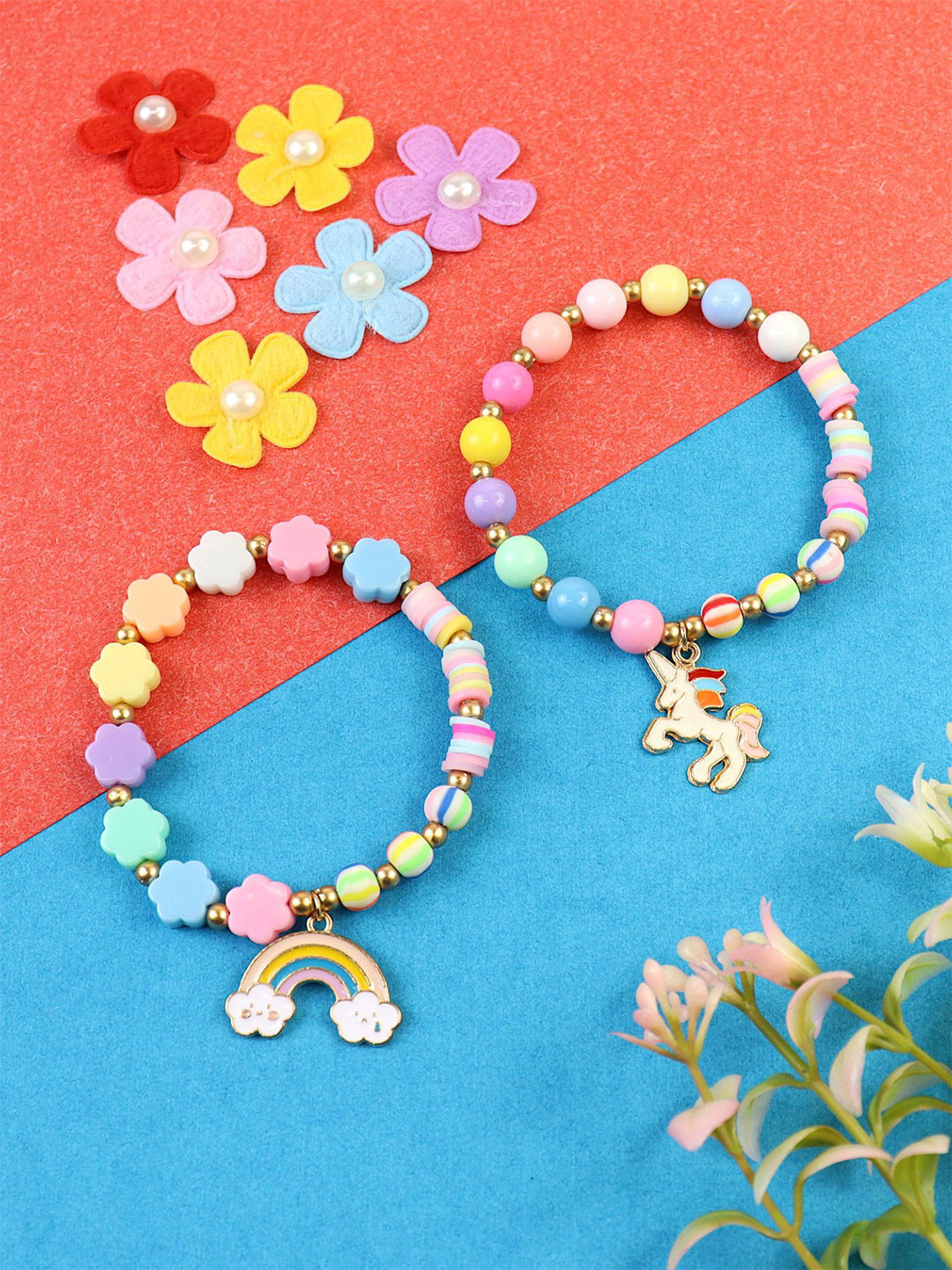 Asthetika Kids Girls Set Of 2 Unicorn & Rainbow Beaded Charm Bracelets