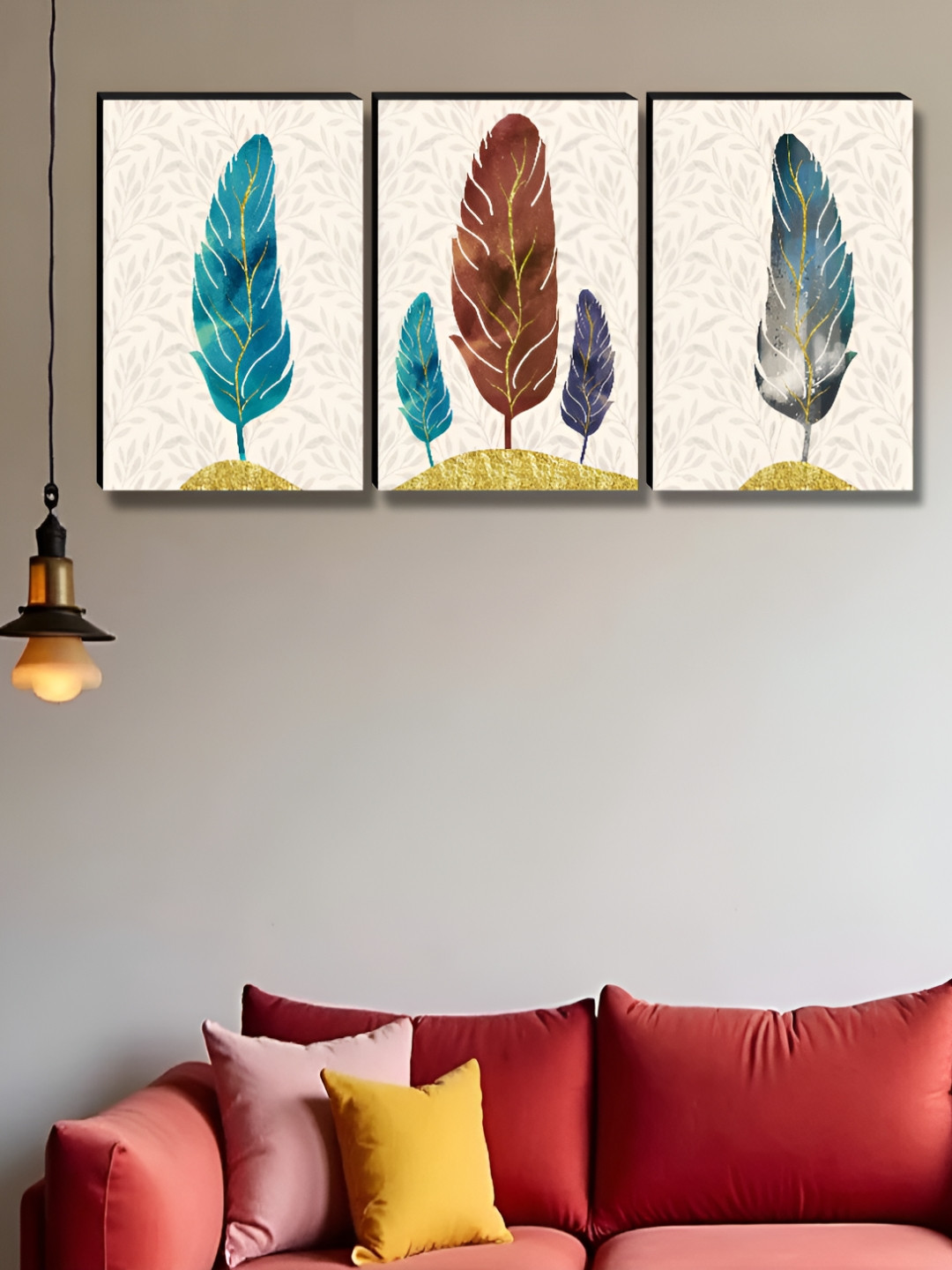 SAF Cream & Green 3 Pieces Wing Wood Wall Art