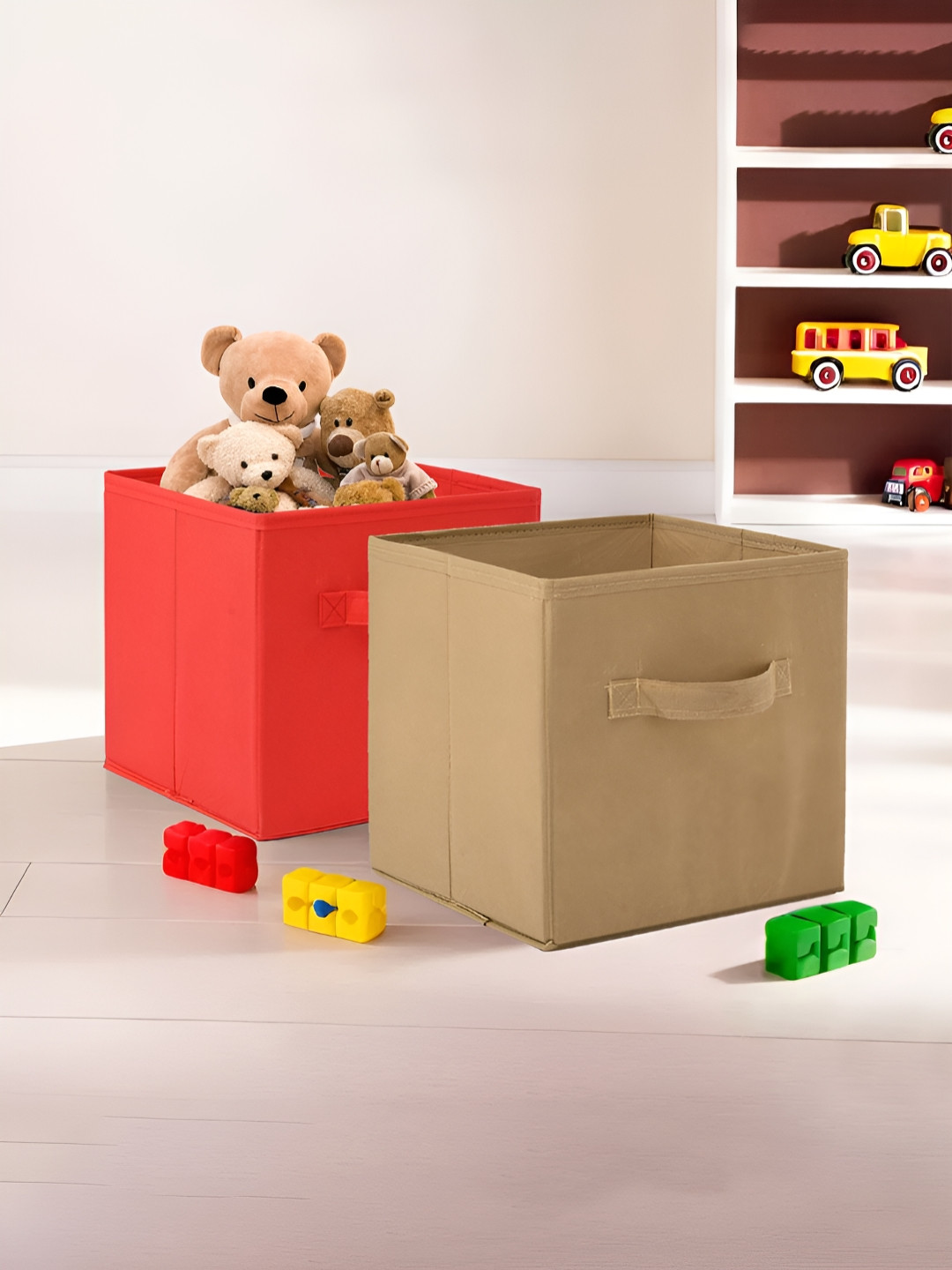 Aura Red & Brown 2 PIeces Square Foldable Toy & Book Storage Drawer Organisers