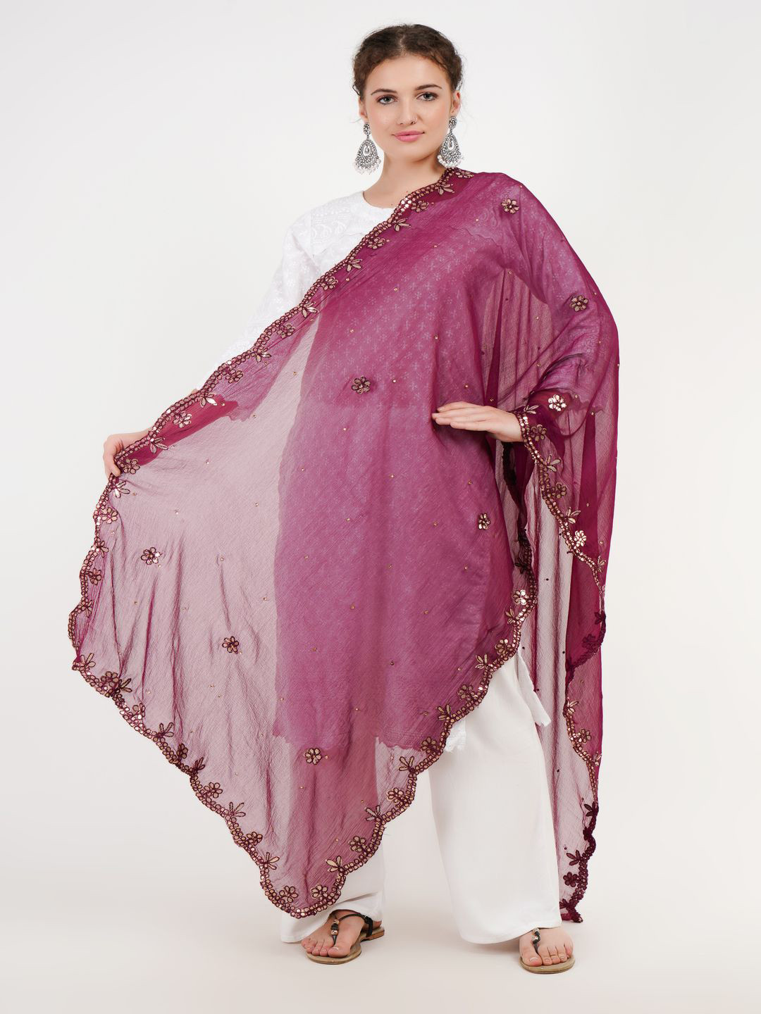 Karthav Fashion Floral Embroidered Gotta Patti Chiffon Cut Work Dupatta