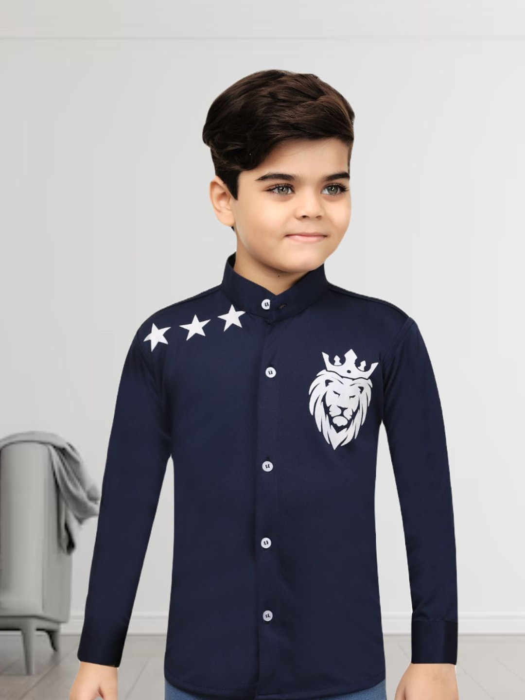 FASHION GRAB Boys Classic Fit Graphic Printed Band Collar Cotton Casual Shirt