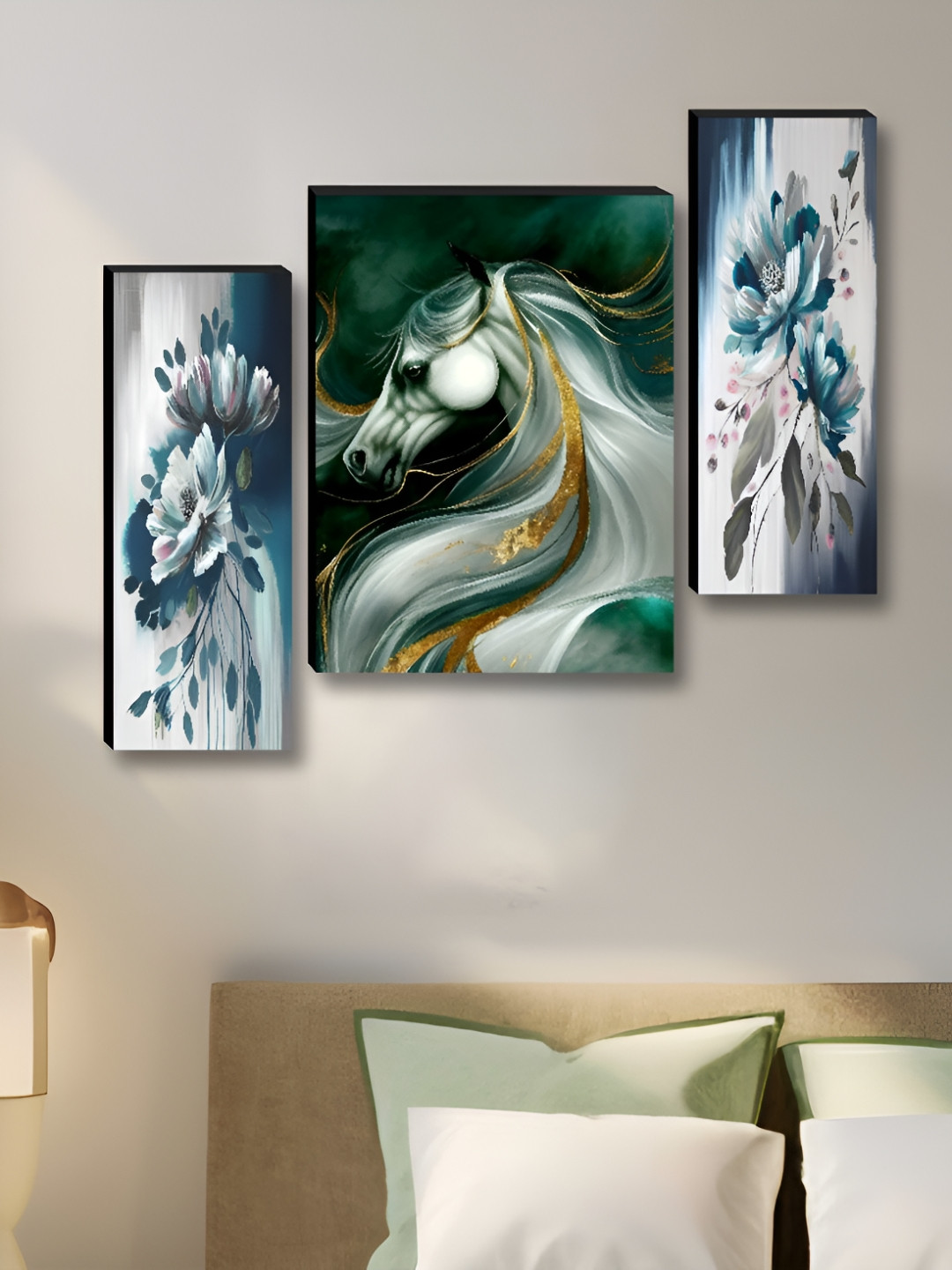Aura Horse & Flower Wood Wall Rectangle Paintings Wall Art -30 x 12In