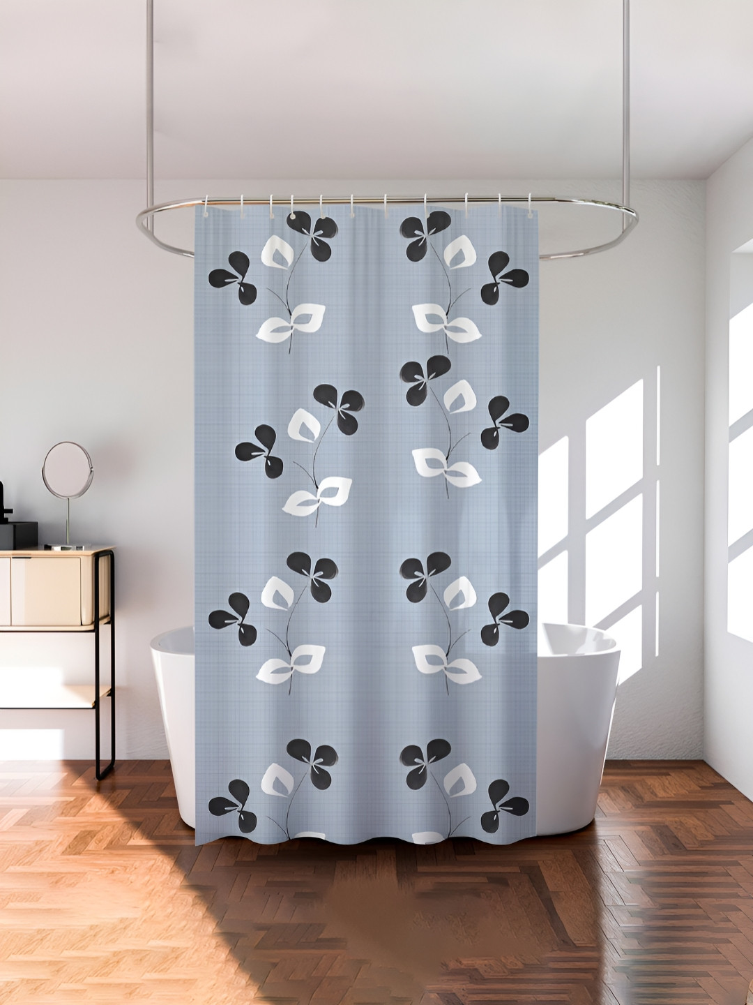Aura Grey & White Leaf Printed Durable Waterproof Shower Curtain With 8 Rings