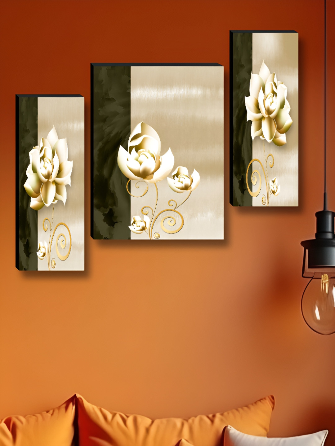 Aura Cream & Gold-Toned 3 Pieces Flower Wooden Wall Art