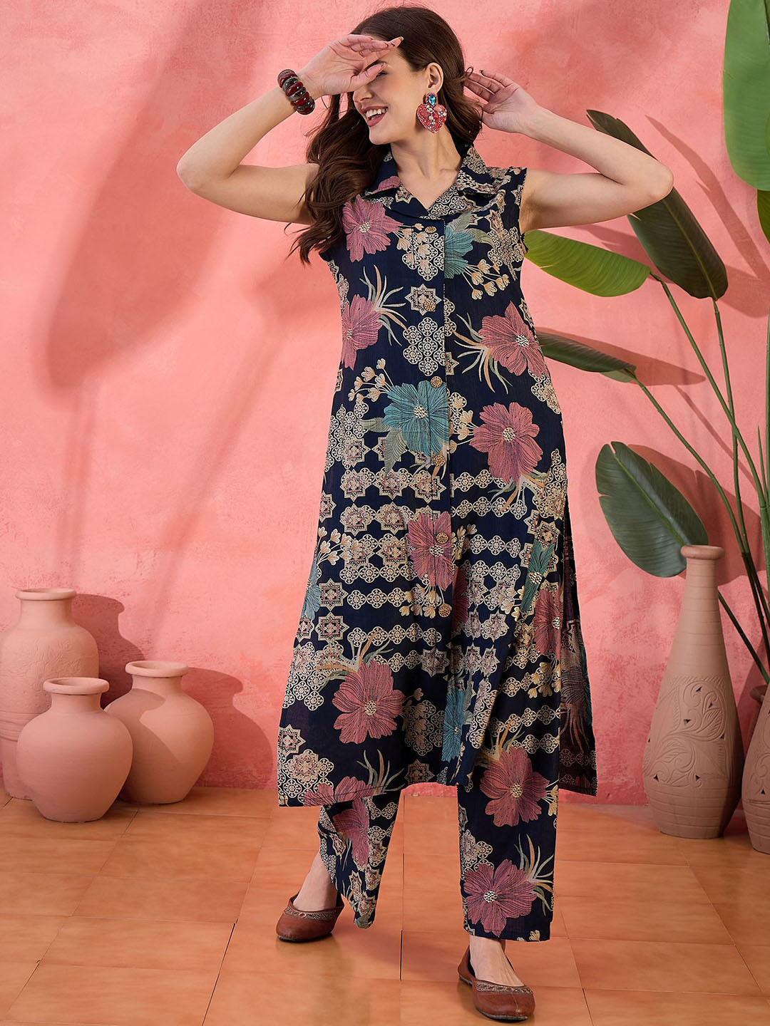 Sangria Floral Printed Kurta With Trousers