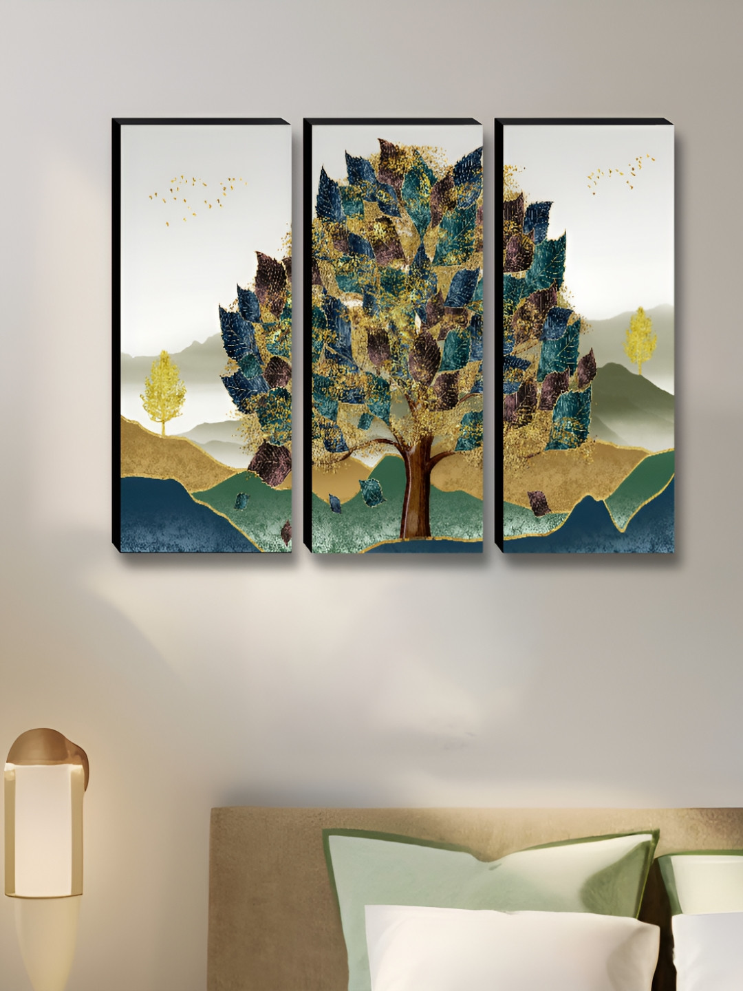 Aura White & Blue 3 Pieces Tree Wall Paintings