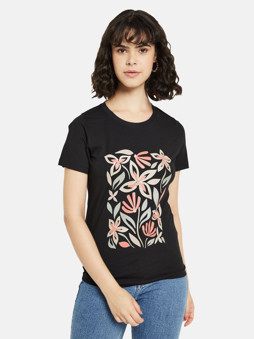 METTLE Women Floral Printed Round Neck Cotton T-shirt