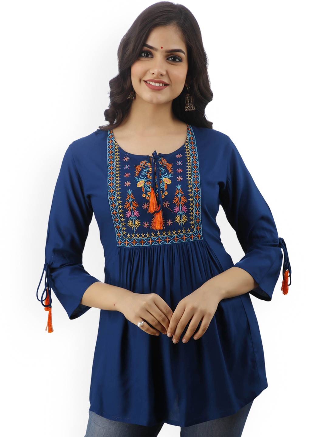 DMP FASHION Floral Yoke Design Tie-Up Neck Thread Work A-Line Kurti