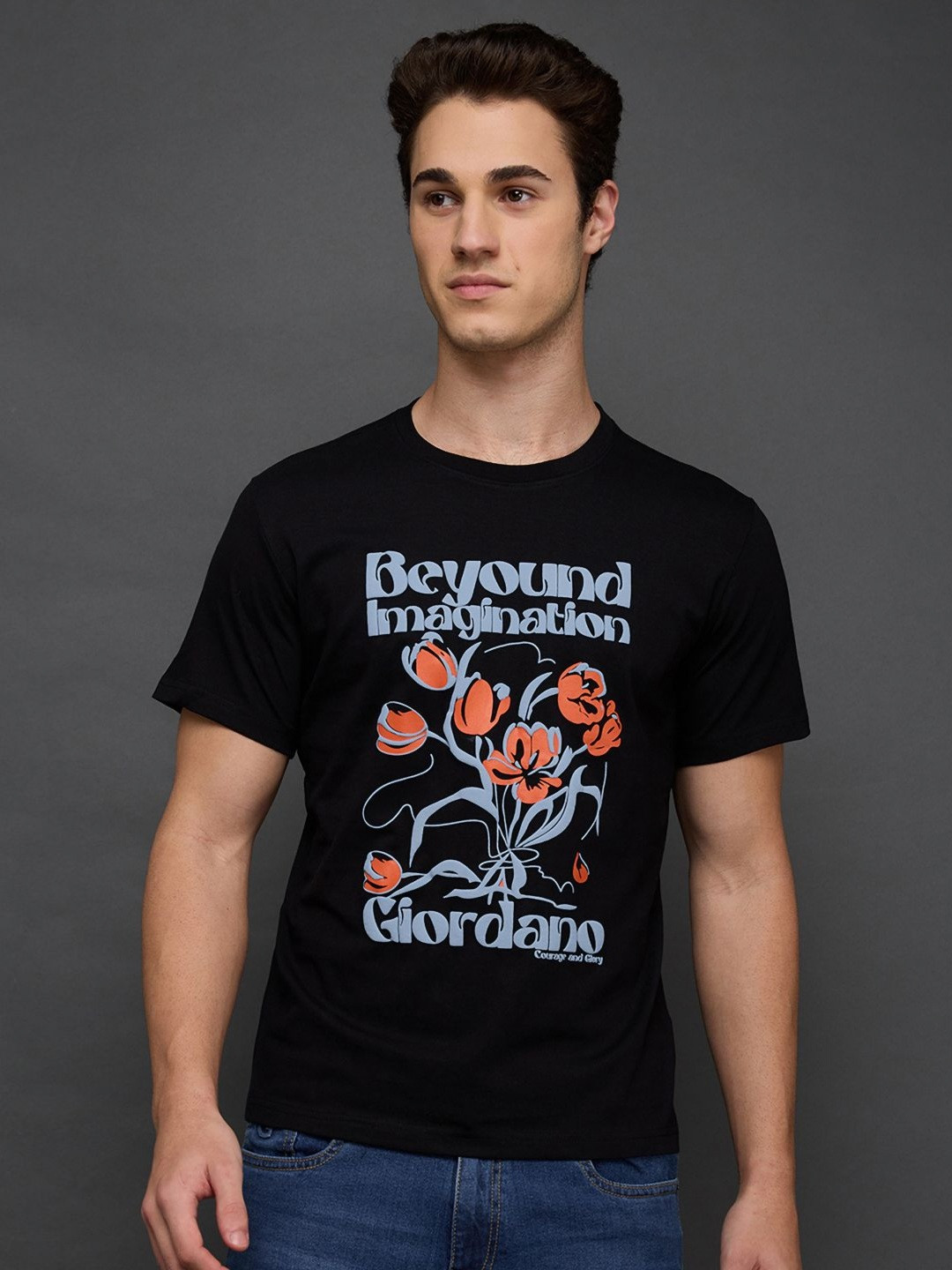 GIORDANO Men Floral Printed Round Neck Cotton T-shirt