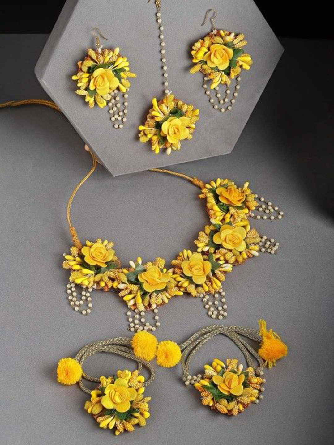 PASU FASHION Pearls Beaded Flower Haldi Jewellery Set