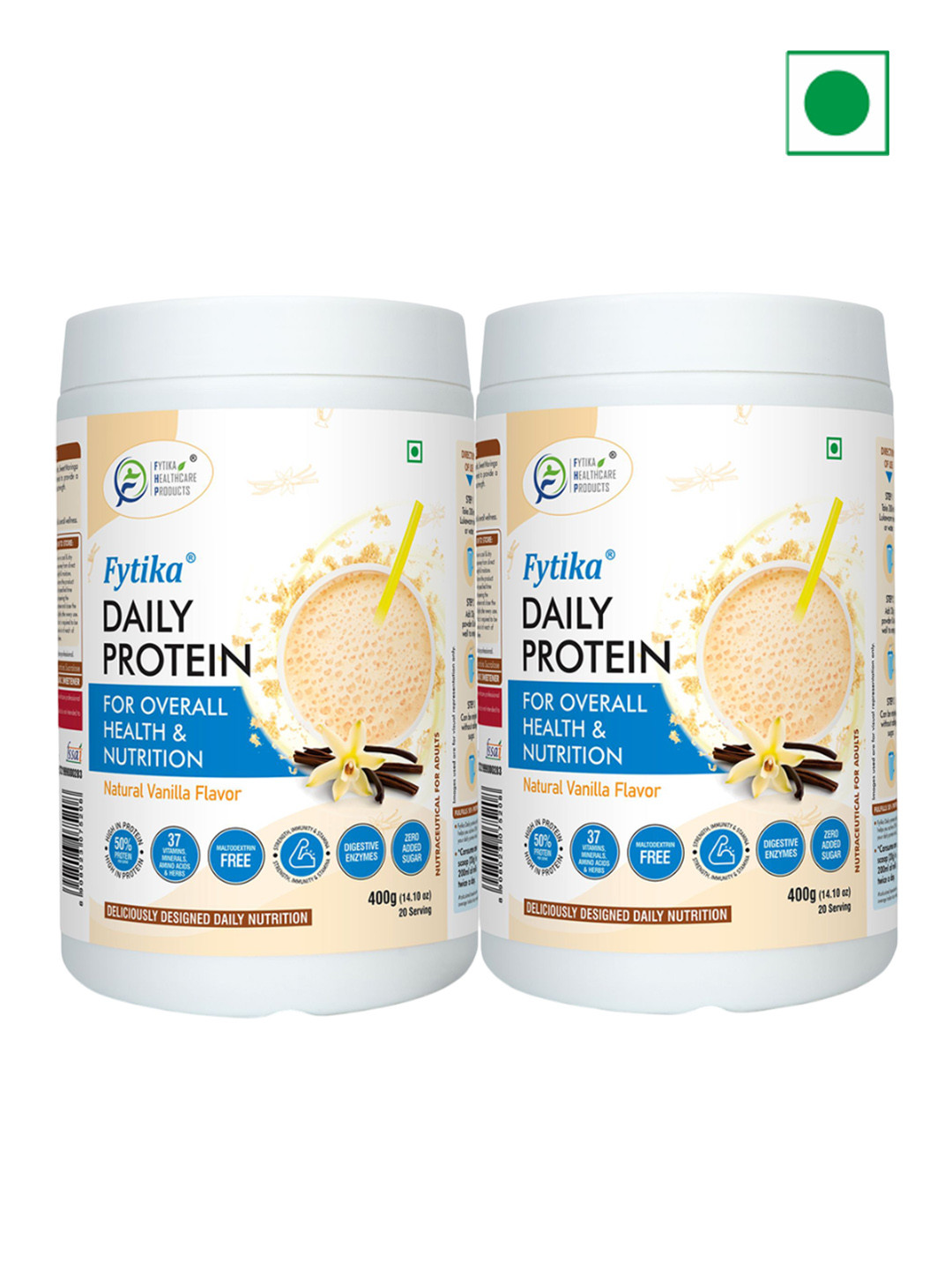 FYTIKA Set Of 2 Daily Protein Nutrition Drink Powder - Vanilla Flavor - 400 g Each