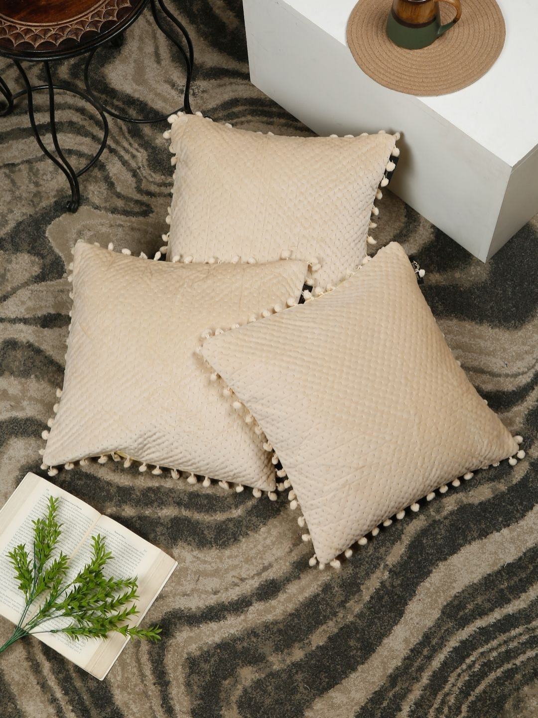 HOSTA HOMES Cream 3 Pieces Geometric Quilted Velvet Square Cushion Covers