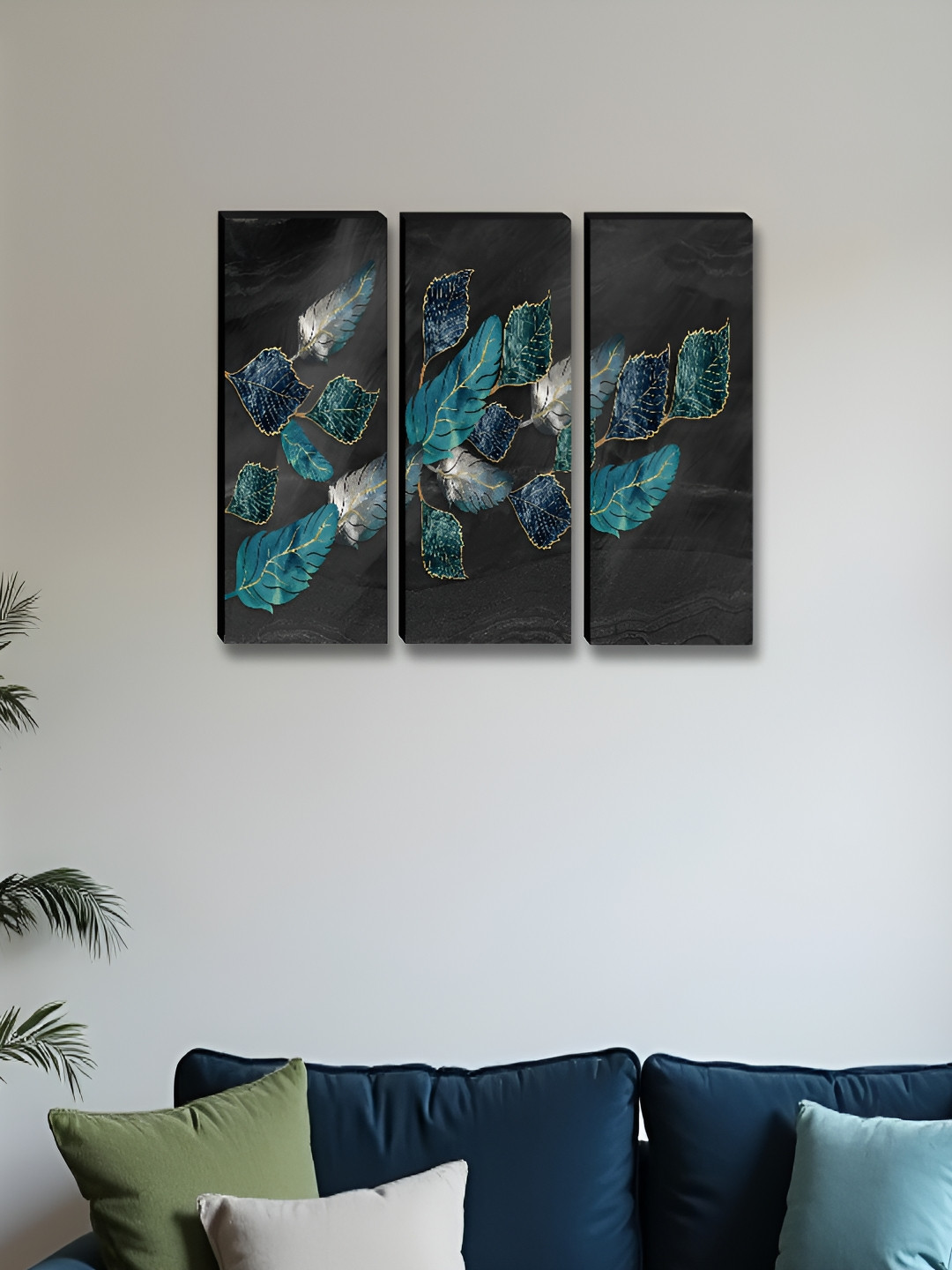 Aura Black & Blue 3 Pieces Wood Floral and Botanical Wall Art