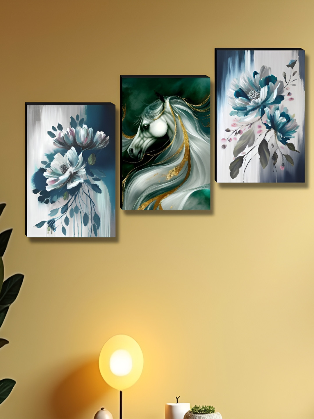 Aura White & Blue 3 Pieces Horse & Flower Birds And Animals Wooden Wall Arts