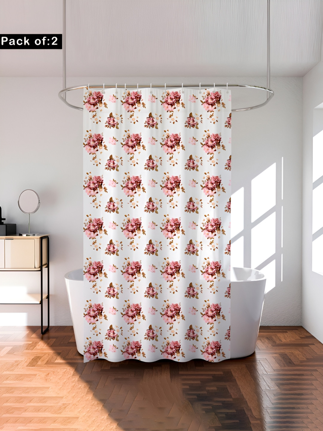 Aura 2-Pcs Pink & Beige Printed Shower Curtain With 8 Rings