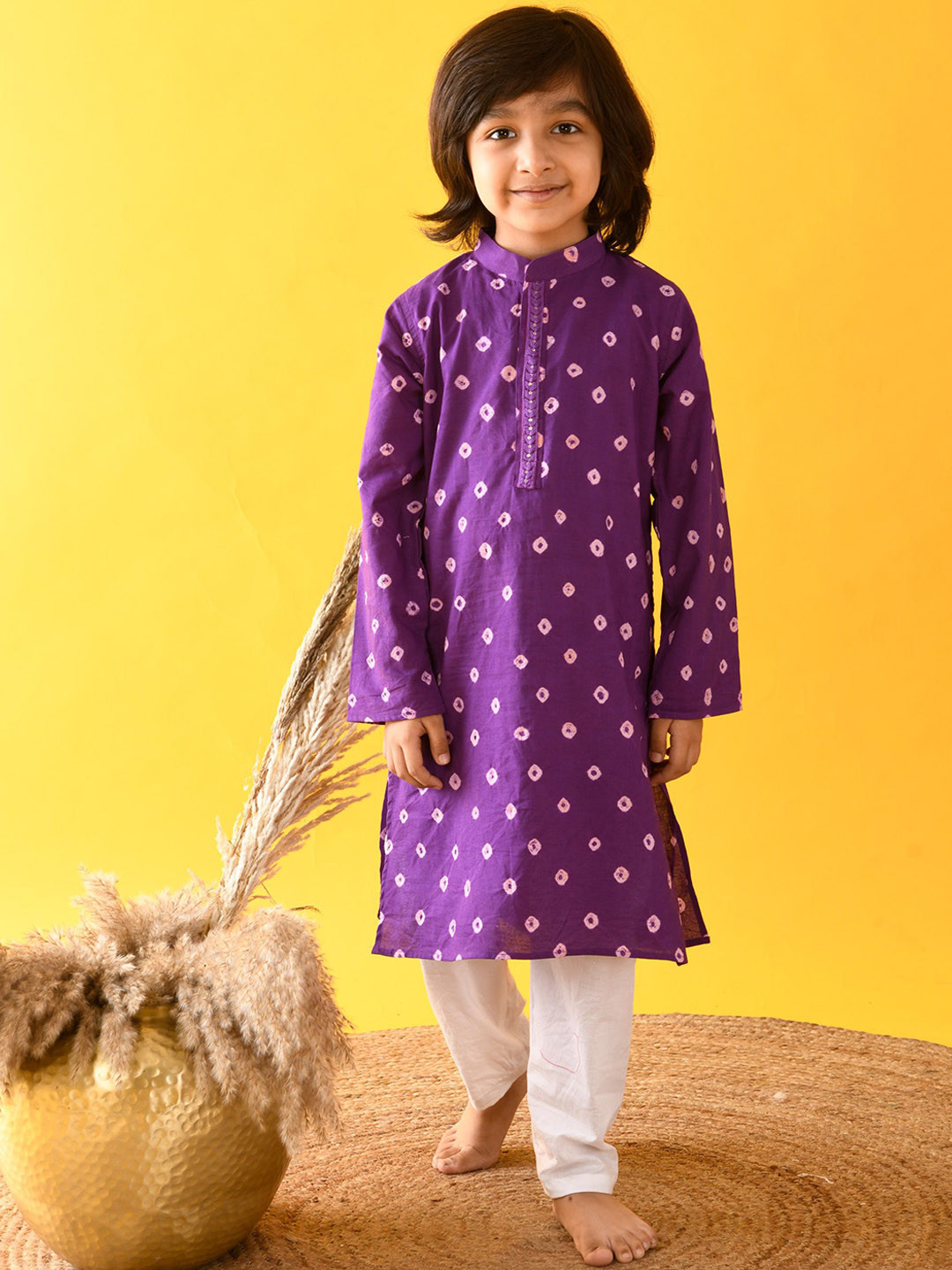 Kalp Boys Bandhani Dyed Pure Cotton Straight Kurta with Pyjamas