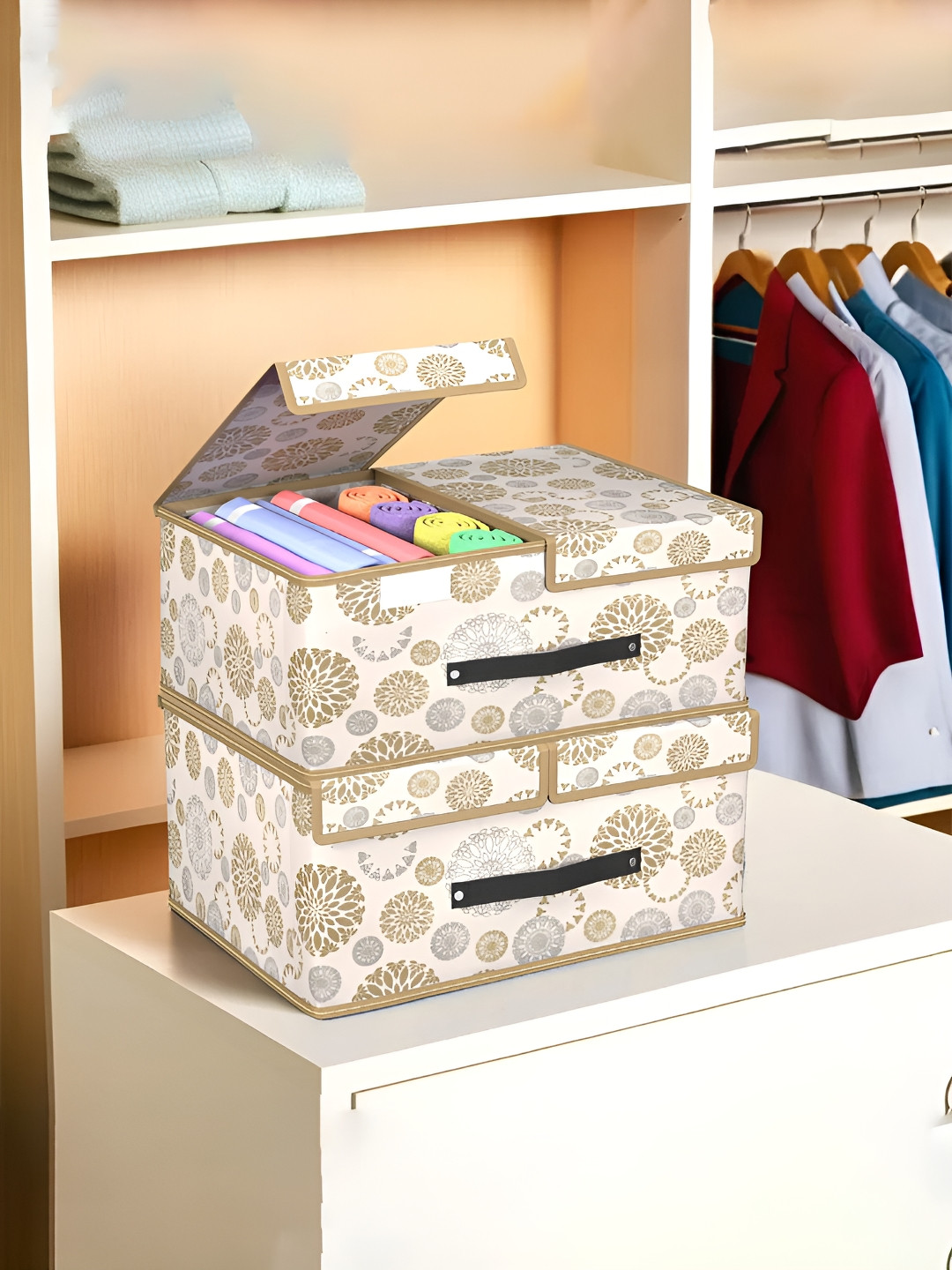 Aura White 2 Pieces Print Multi-Utility Small Foldable Wardrobe Organizer With Double Lid