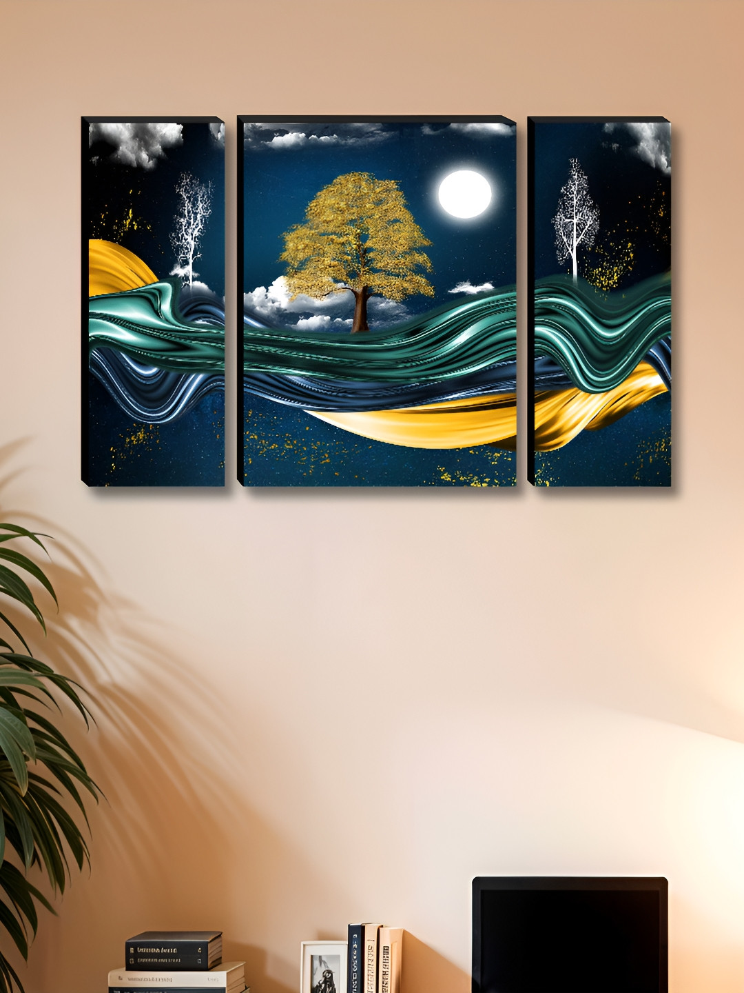 Aura Tree & Moon 3 Pcs Wall Rectangle Paintings Wall Art -30x12In