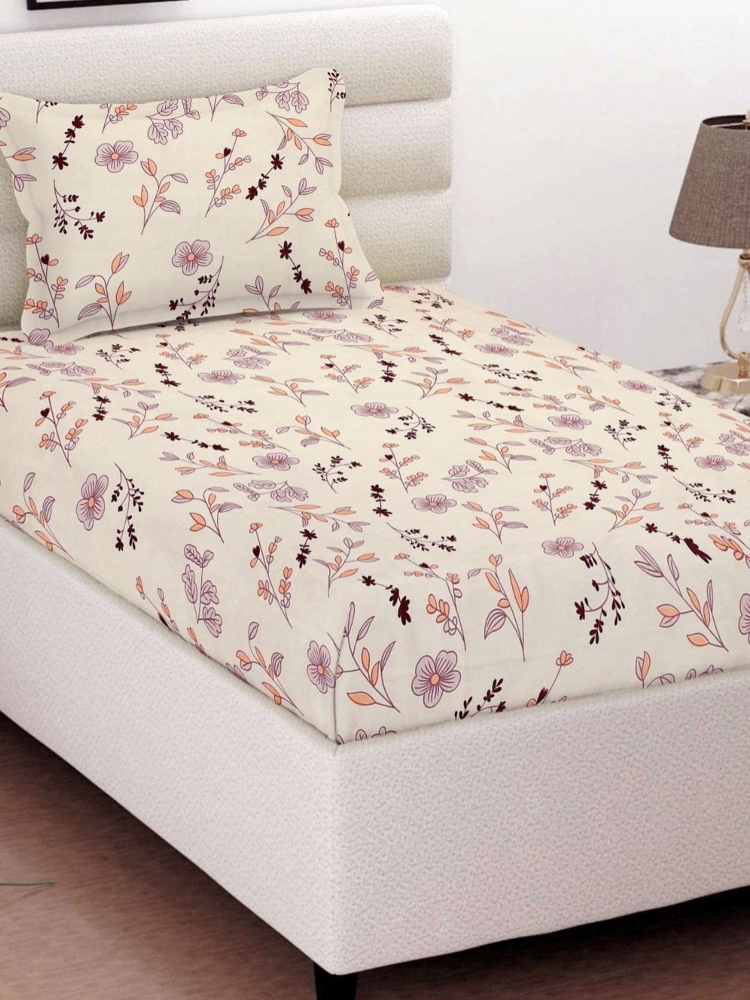 VAS COLLECTIONS Valancia Cream-Coloured Floral Microfiber 210 TC Bedsheet Set-2.54x2.28m
