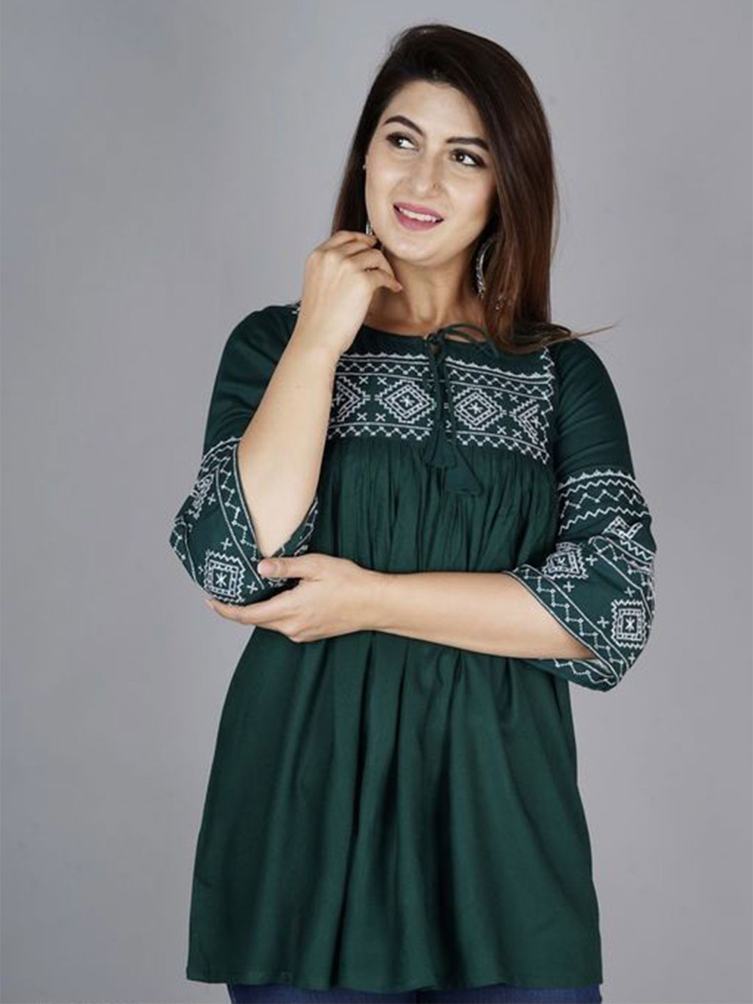 HEBA Women Rayon Short Length Round Neck Printed  Embroidered Top