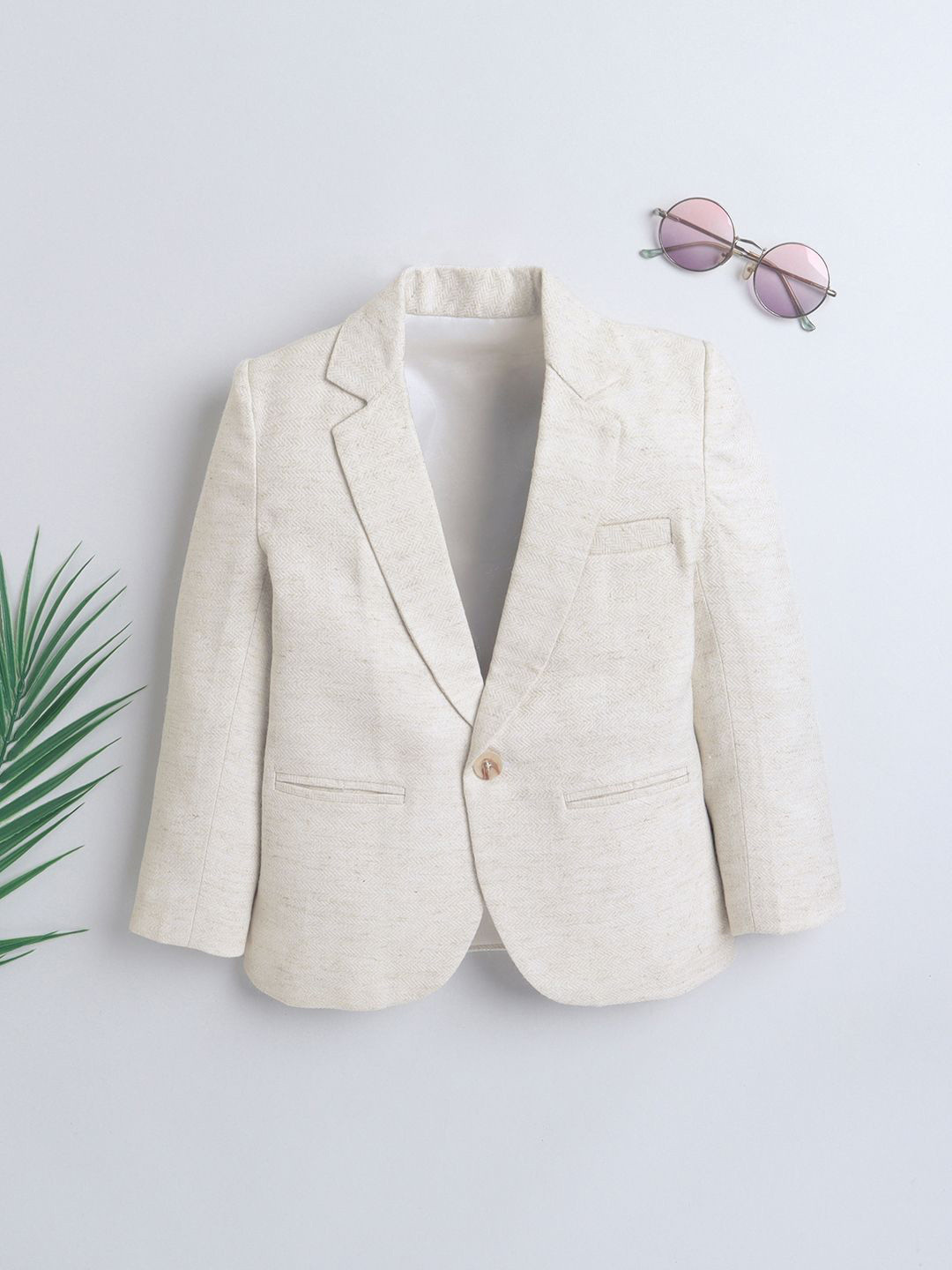 Ministitch Cream Infant Boys Abstract Printed Lapel Collar Linen Blazer