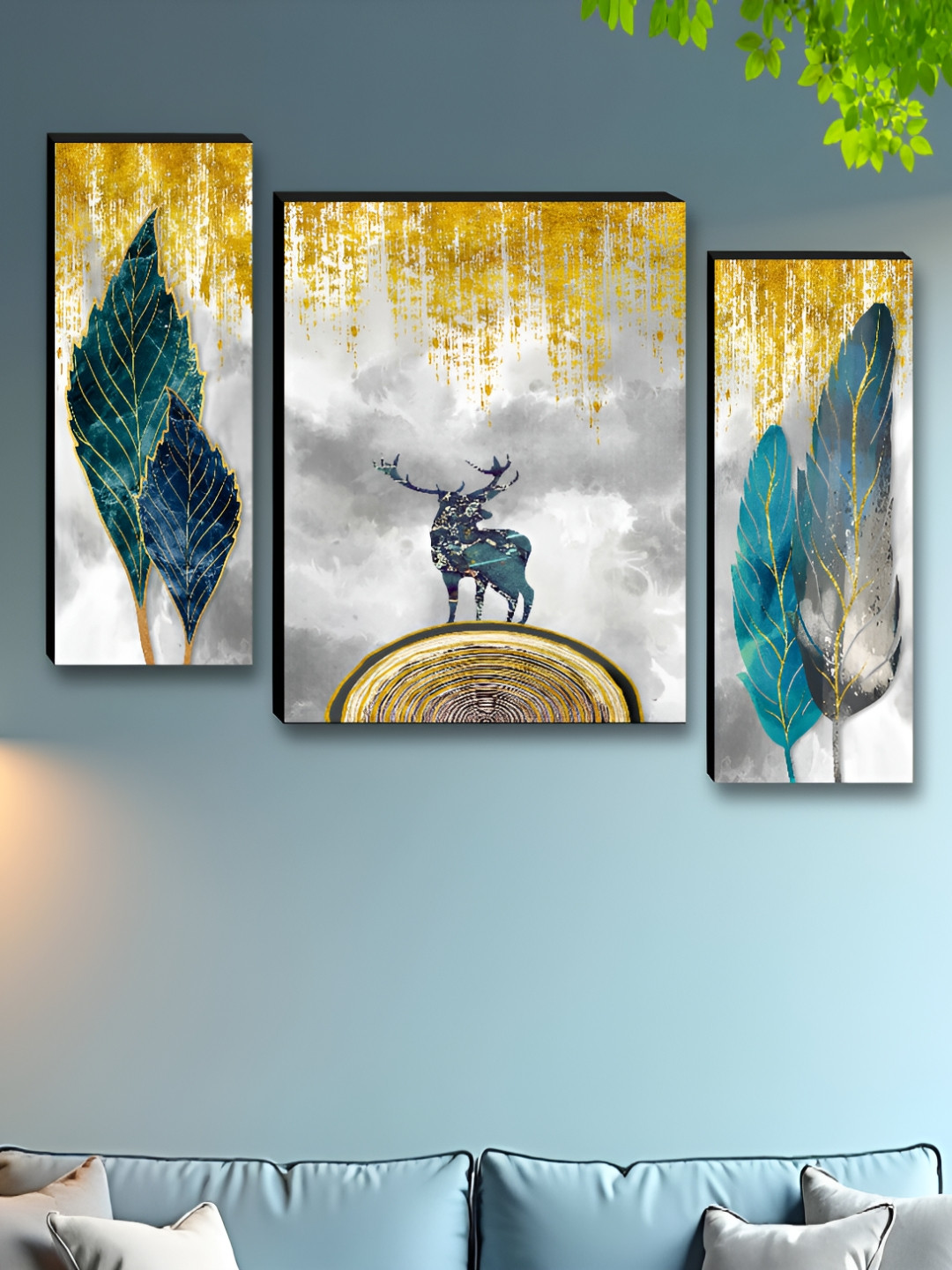SAF Deer & Leaf Wood 3 Pcs Wall Rectangle Paintings Wall Art -30x12In