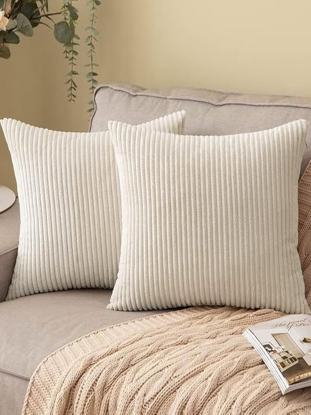 TANLOOMS Cream Striped Velvet Washable 2 Pcs Textured Square Cushion Covers - 16 x 16 In