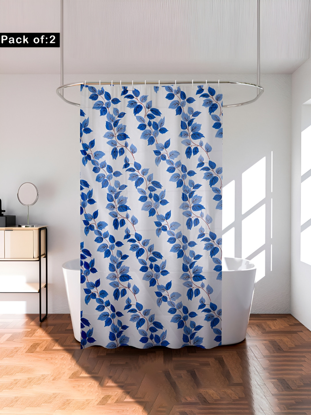 Aura 2-Pcs Blue & White Printed Shower Curtain With 8 Rings