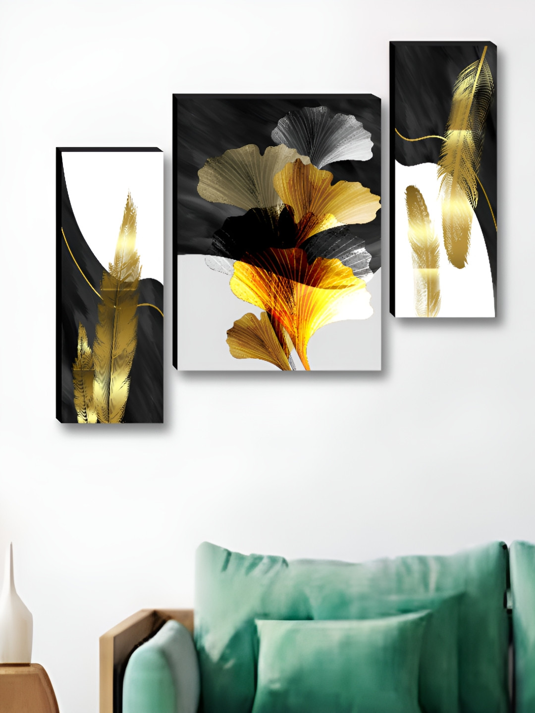 SAF Wing & Flowers Wood 3 Piece Wall Rectangle Paintings Wall Art -30 x 12 In