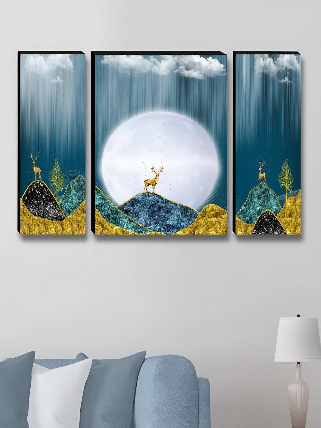 SAF Moon & Deer Wood 3 Piece Wall Rectangle Paintings Wall Art