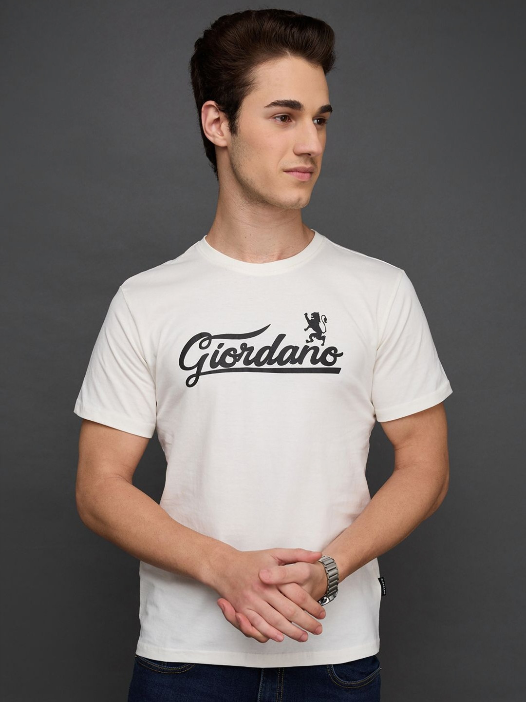 GIORDANO Men Brand Logo Printed Round Neck Cotton T-shirt