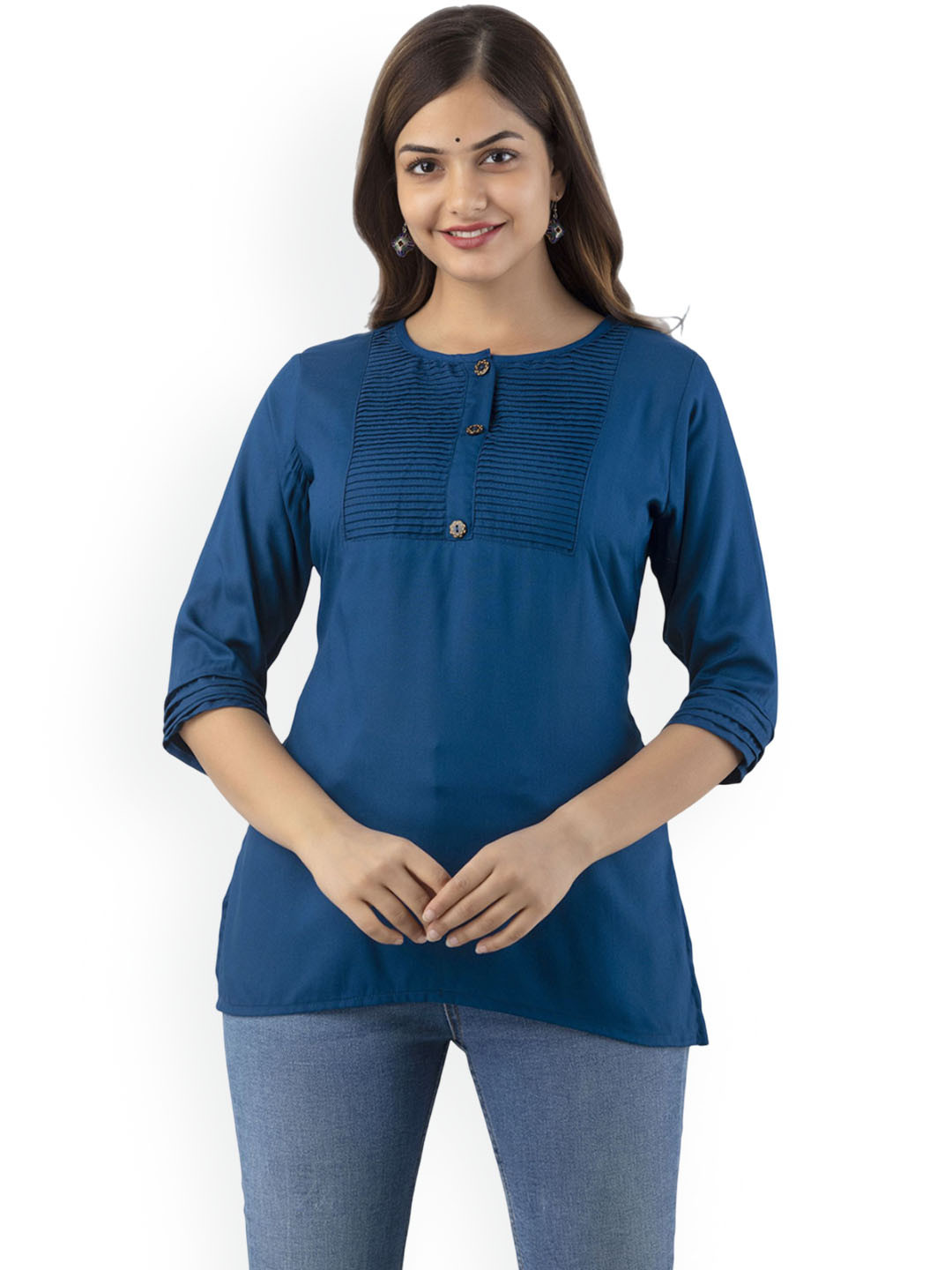 DMP FASHION Pleated Round Neck Straight Kurti