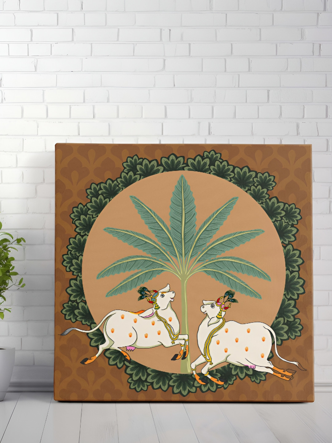 Aura Beige & Cream Pichwai Cow Birds And Animals Canvas Wall Art