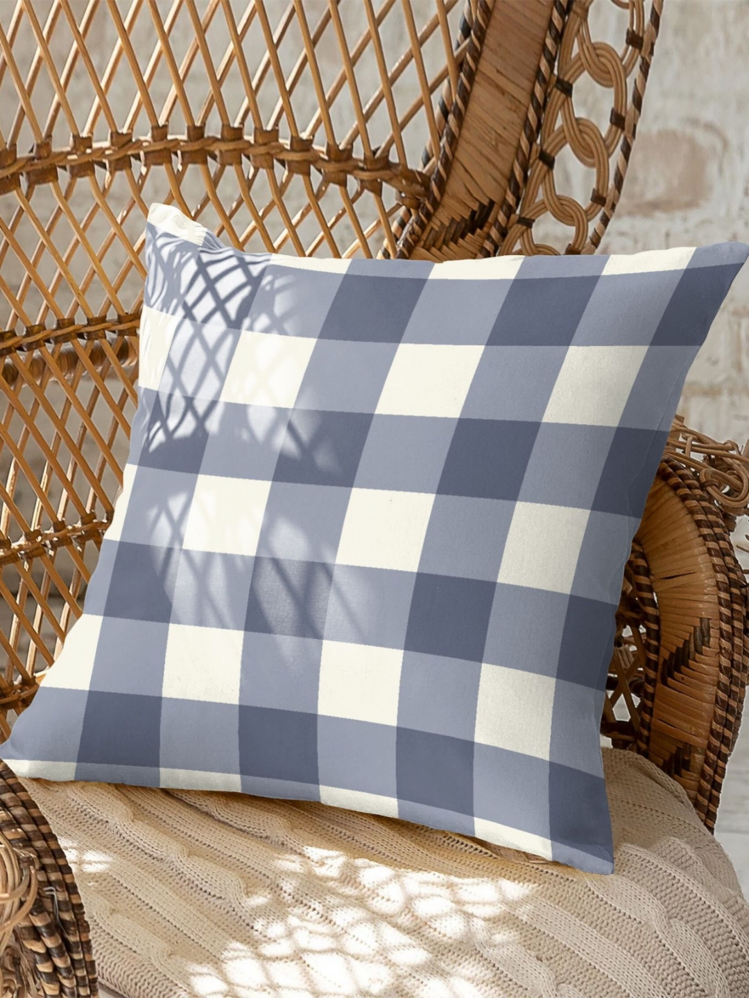 CASABLEU Premium Spring Blue Checked Polyester 2 Pcs Square Cushion Covers -18x18In