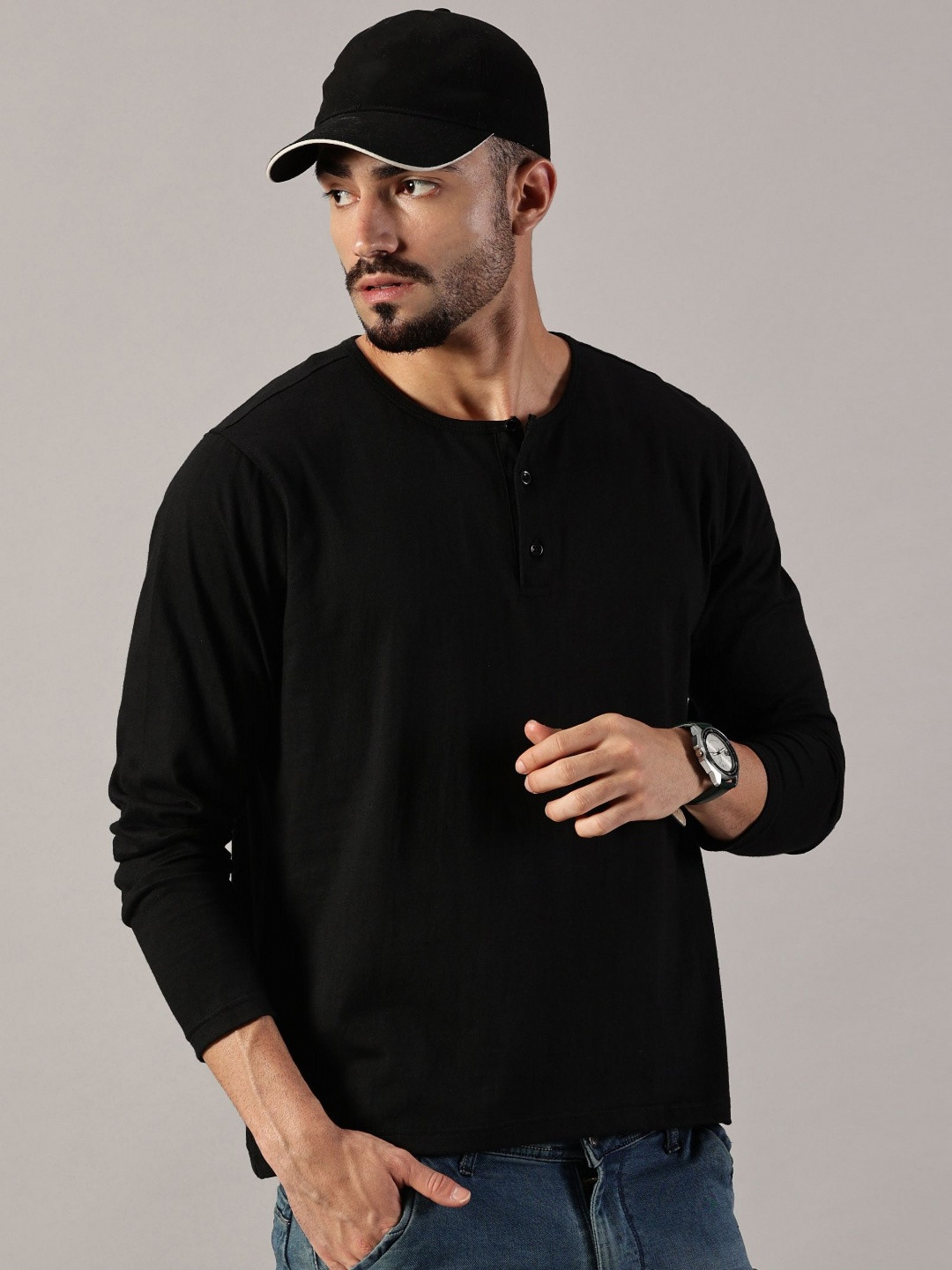 LEON Men Solid Henley Neck Cotton T-shirt