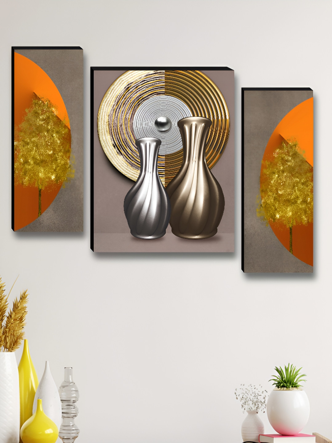 Aura Grey & Silver-Toned 3 Piece Wood Abstract Wall Art