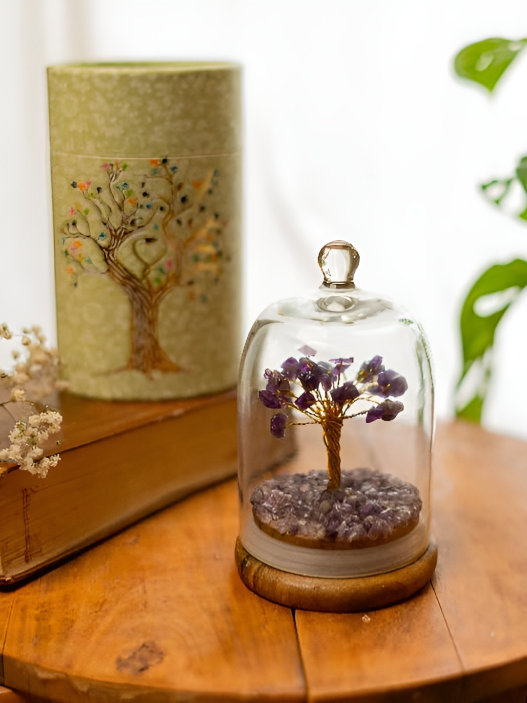 Ritualistic Tree Yellow Glass Glossy Living Room Small Showpiece - 4.7 Inches