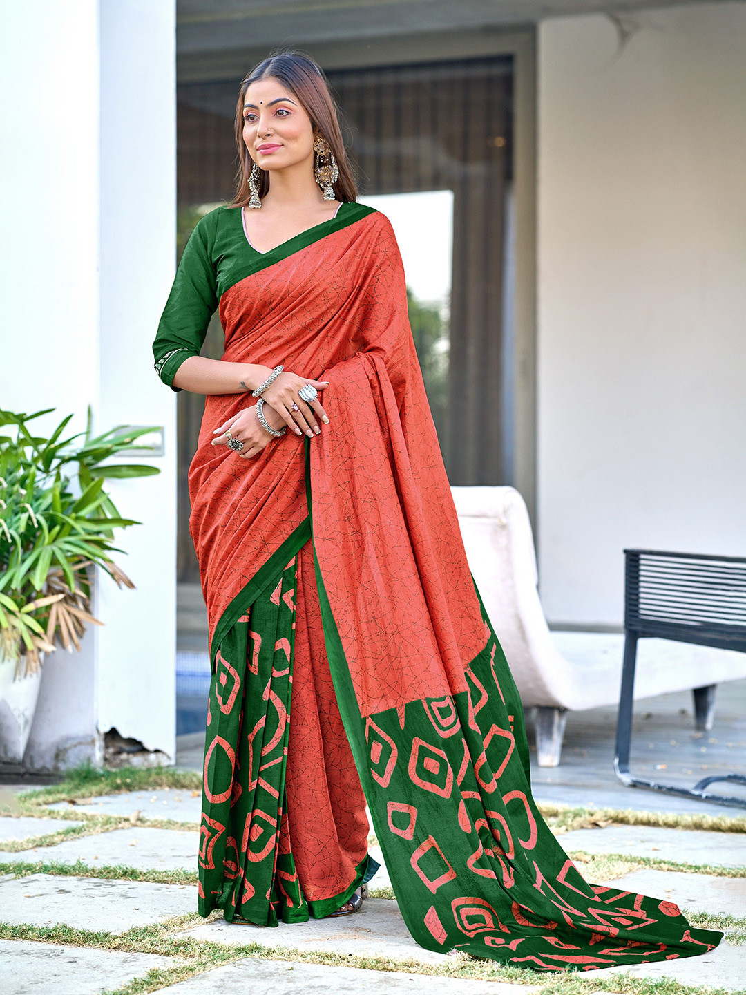 Munir Geometric Jaipuri Printed Pure Cotton Block Print Saree