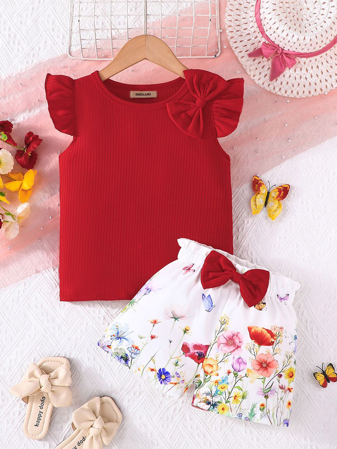 INCLUD Girls Printed Red Round Neck Top With Shorts Clothing Set