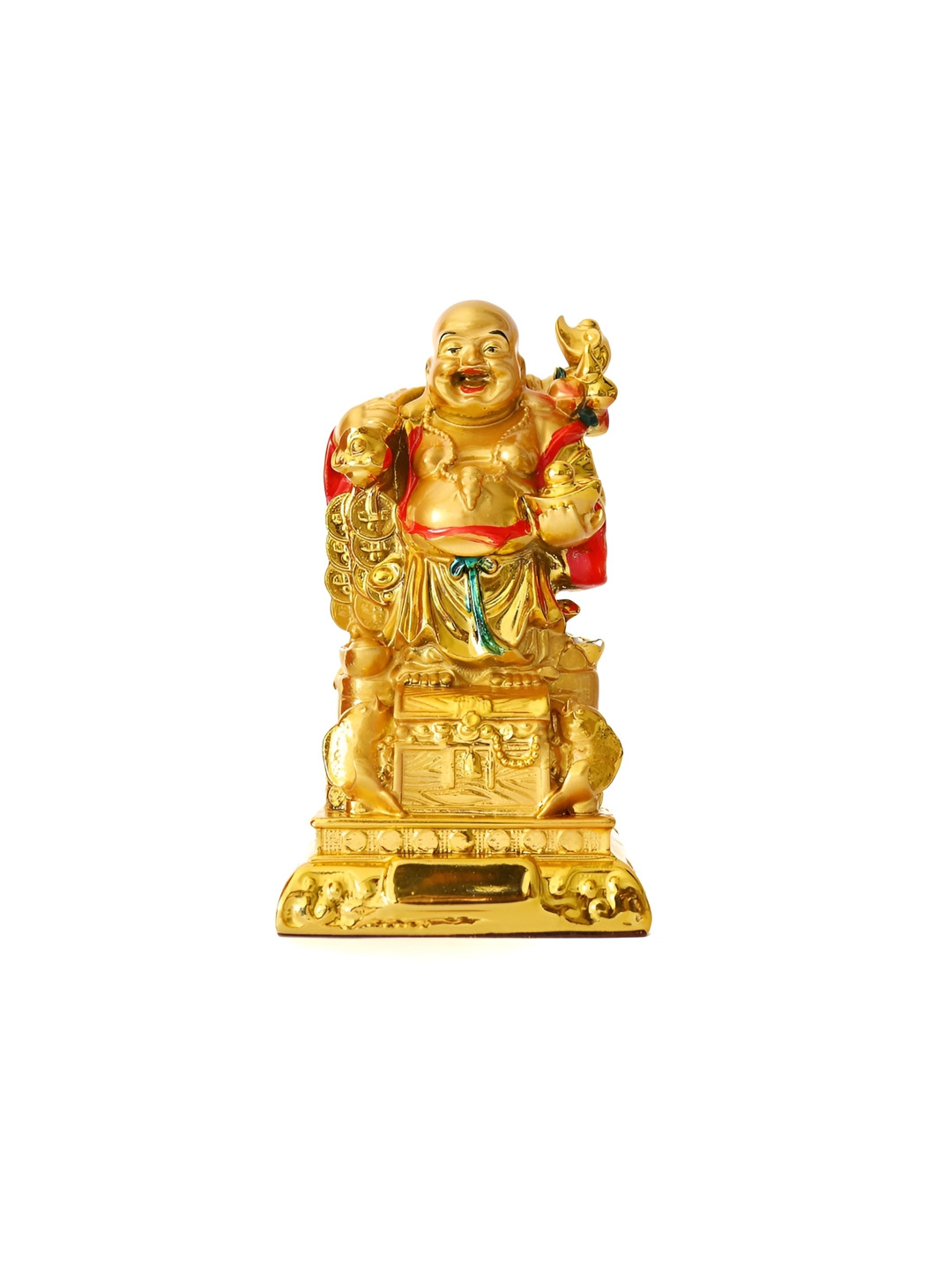 The Spiritual Living Laughing Buddha with Fish Gold Polyresin Matte Living Room Medium Showpiece - 5 Inches