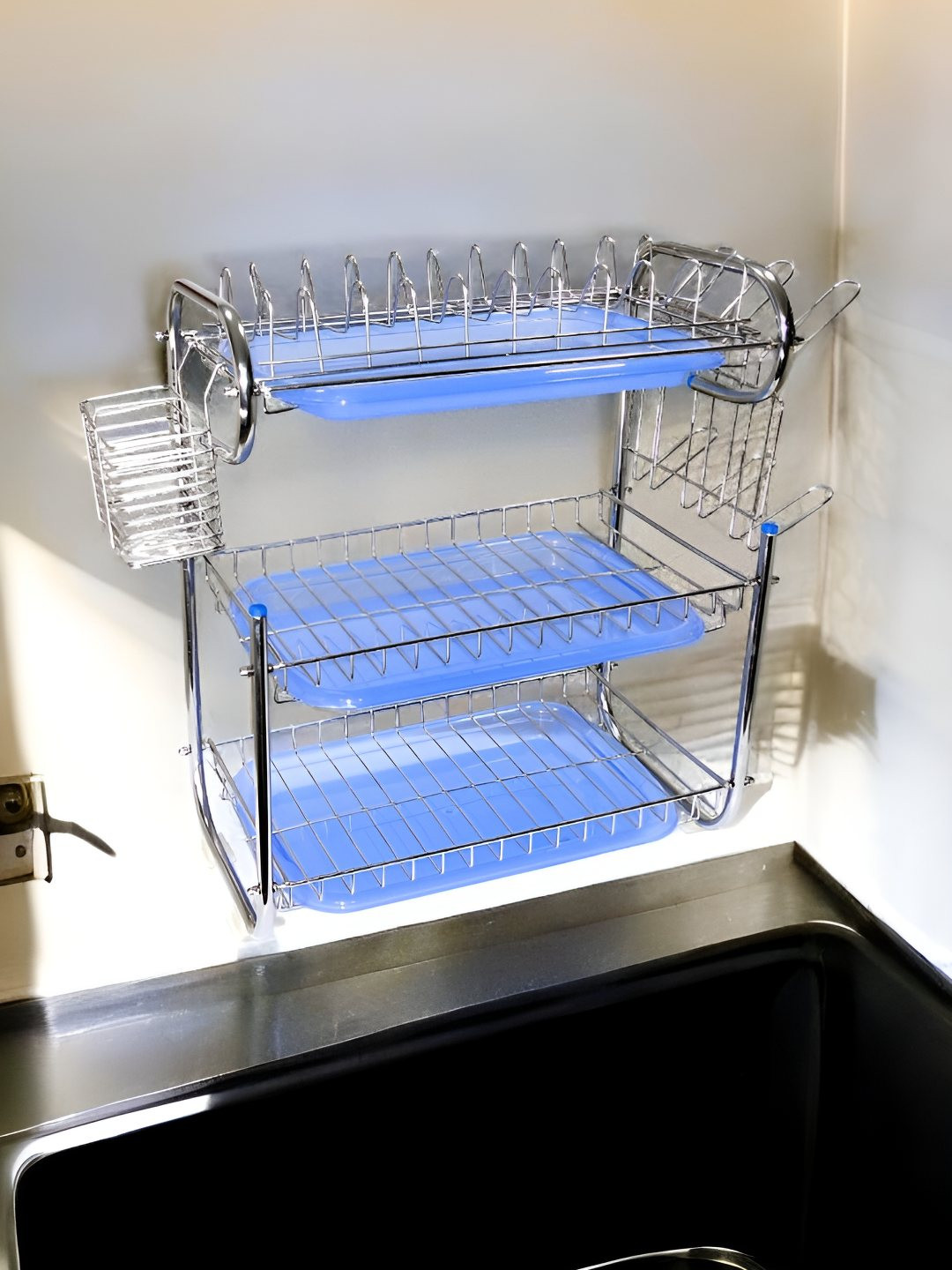 Amol Silver Tone And Blue Stainless Steel Dish rack