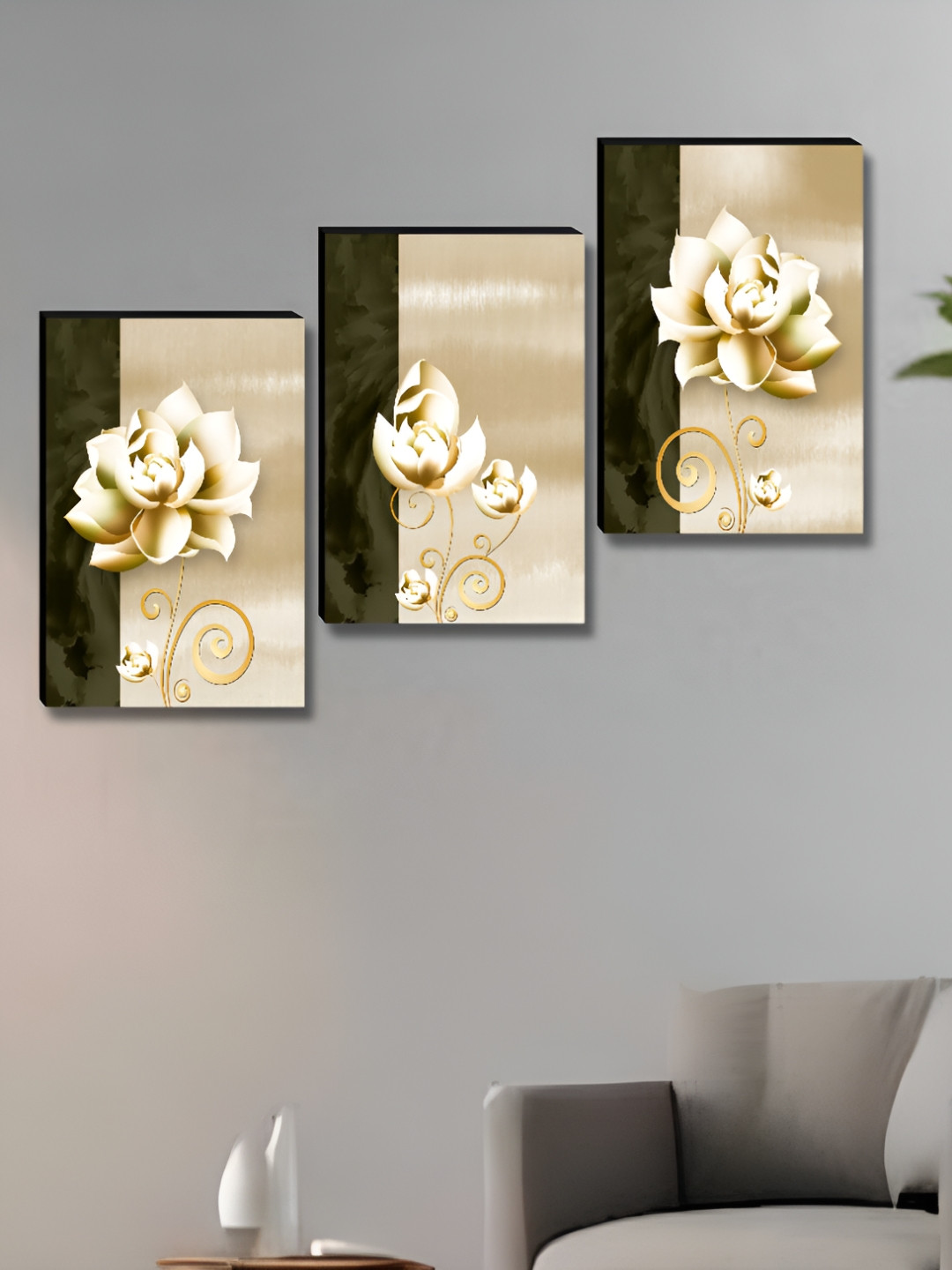SAF Flower Painting Wood 3 Piece Rectangle Wall Art-12 x 36In