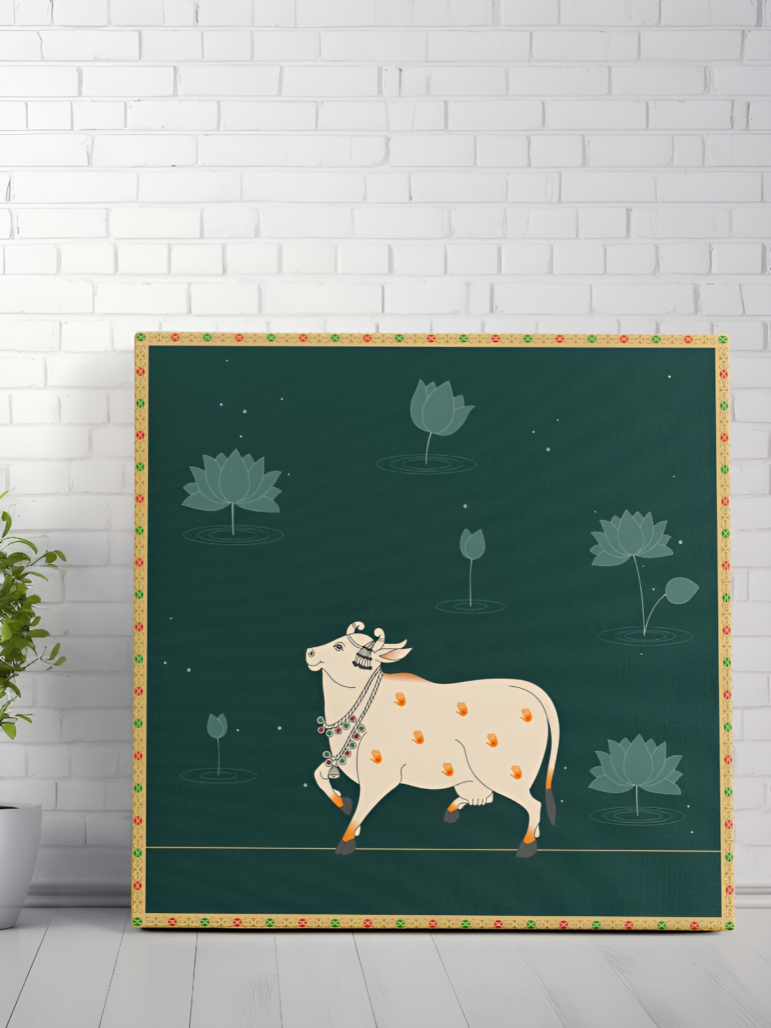 Aura Green & Cream Pichwai Cow Birds And Animals Canvas Wall Art