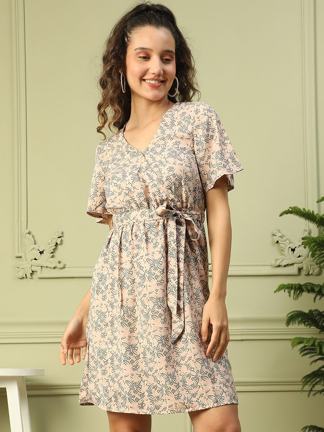 Oxolloxo Women Floral Print Tie-Knot Belt V-Neck Knee-Length Wrap Dress